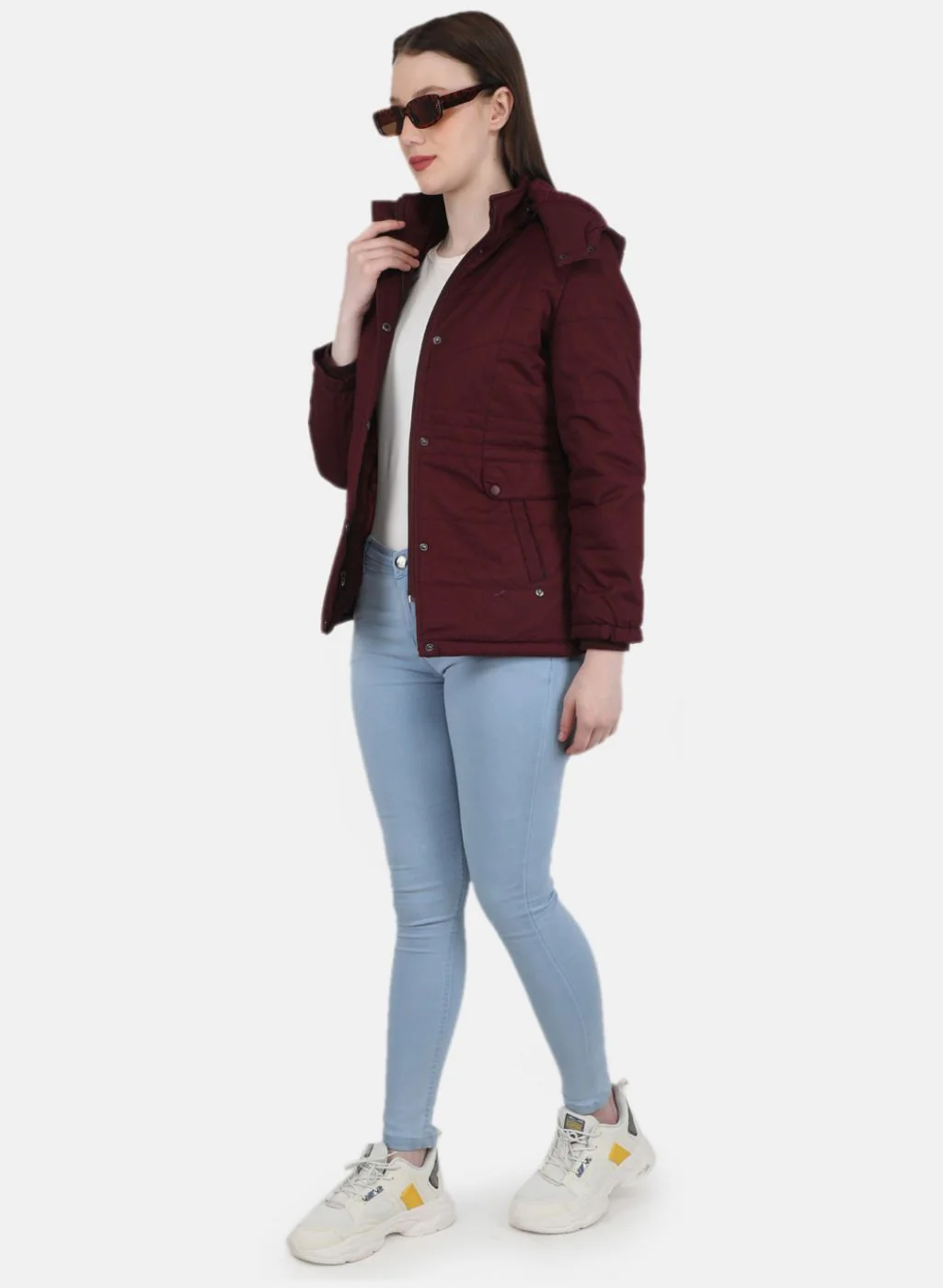 Women Maroon Solid Jacket - Image 4