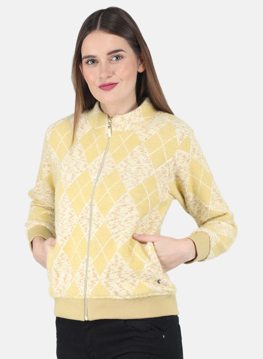 Women Mustard Jaquard Sweatshirt - Image 2