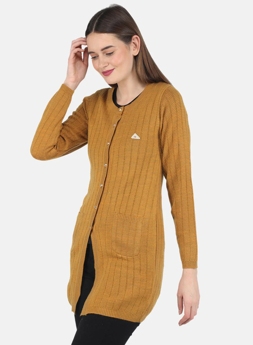 Women Mustard Self design Cardigan - Image 2