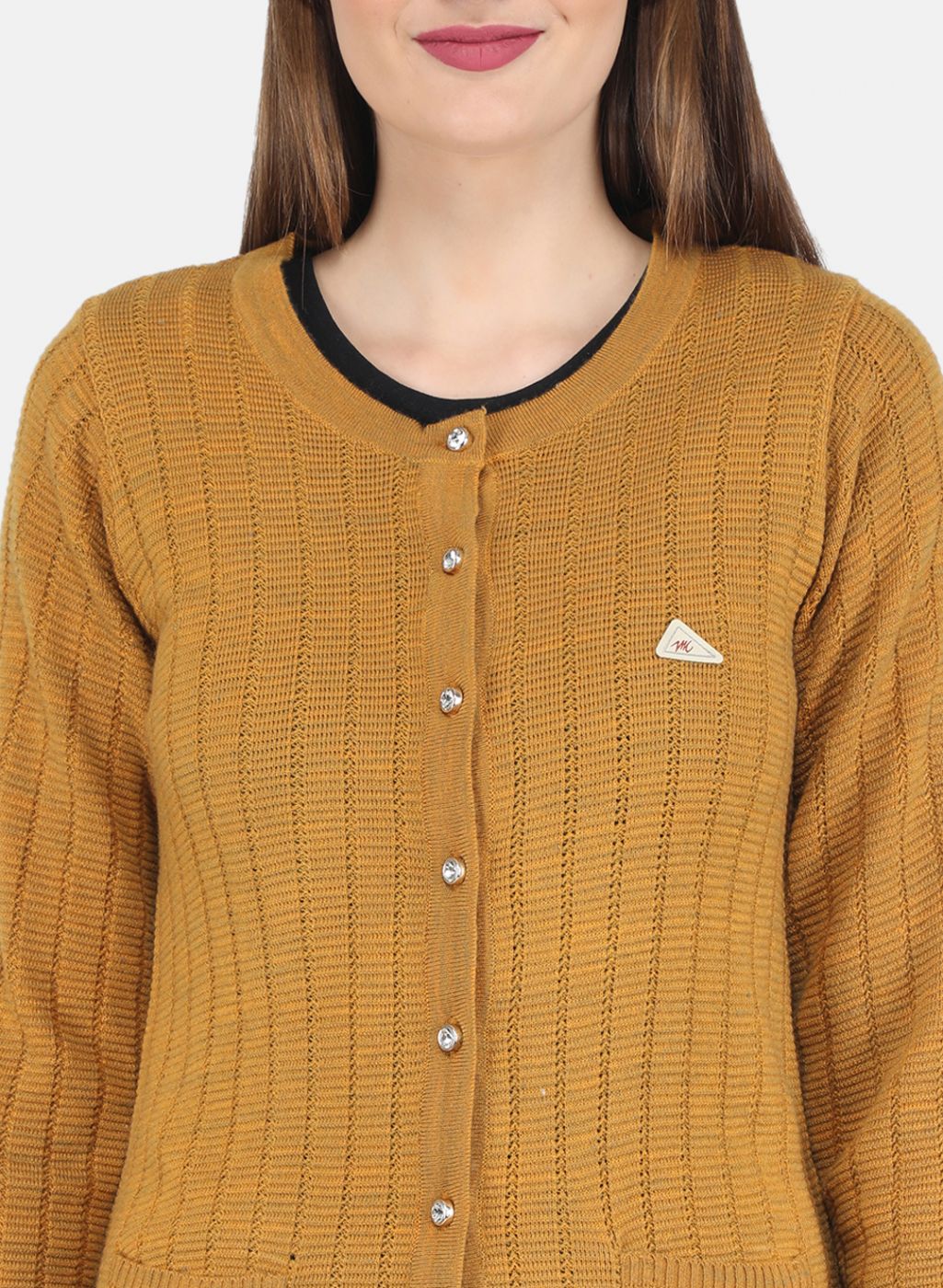 Women Mustard Self design Cardigan - Image 5