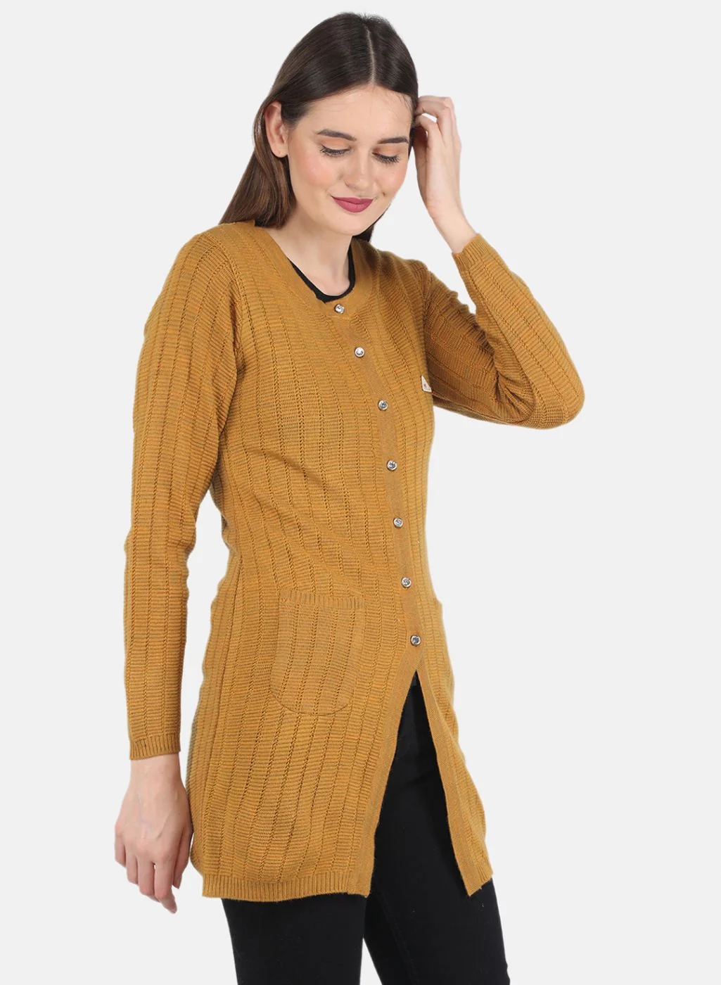 Women Mustard Self design Cardigan - Image 6
