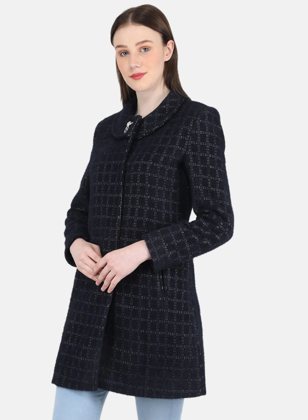 Women NAvy Blue Check Coat - Image 2