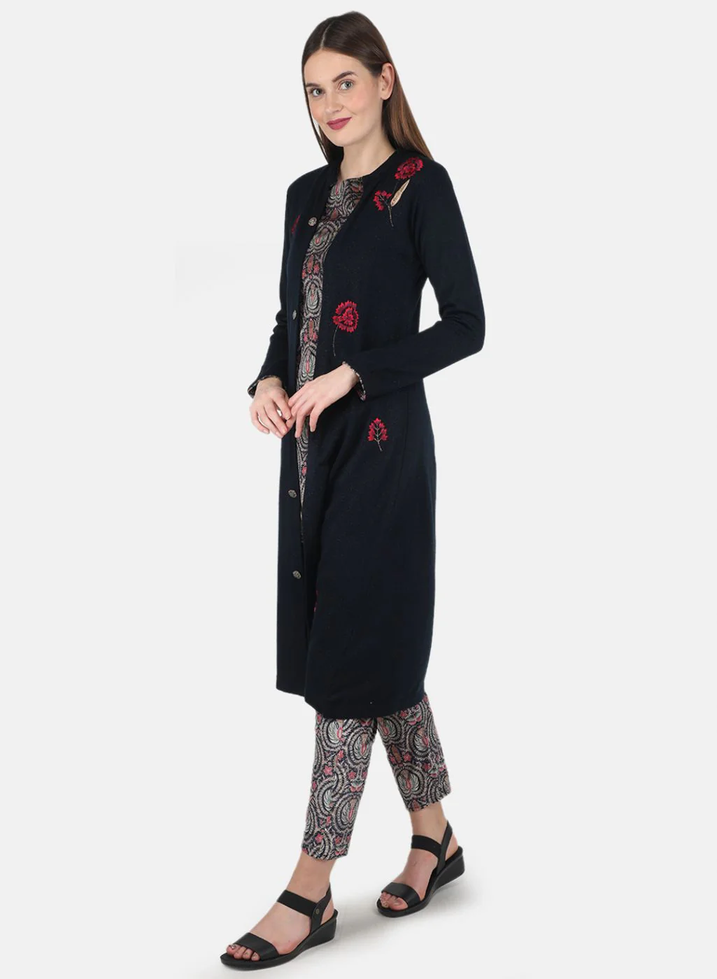 Women NAvy Blue Self design 3 Pc set (Kurti+Shrug+Lower) - Image 2