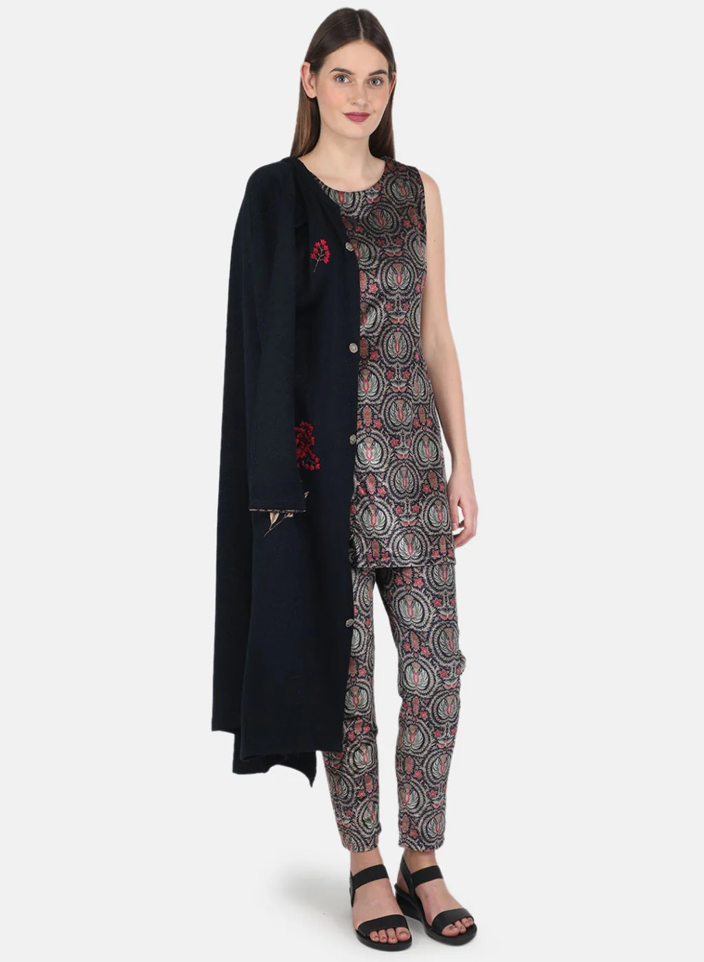 Women NAvy Blue Self design 3 Pc set (Kurti+Shrug+Lower) - Image 6