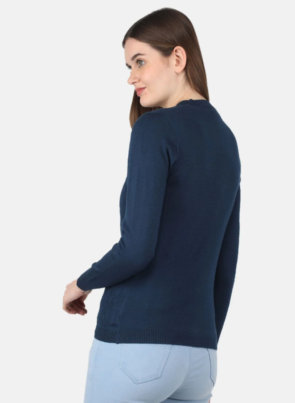 Women NAvy Blue Self Design Cardigan - Image 3