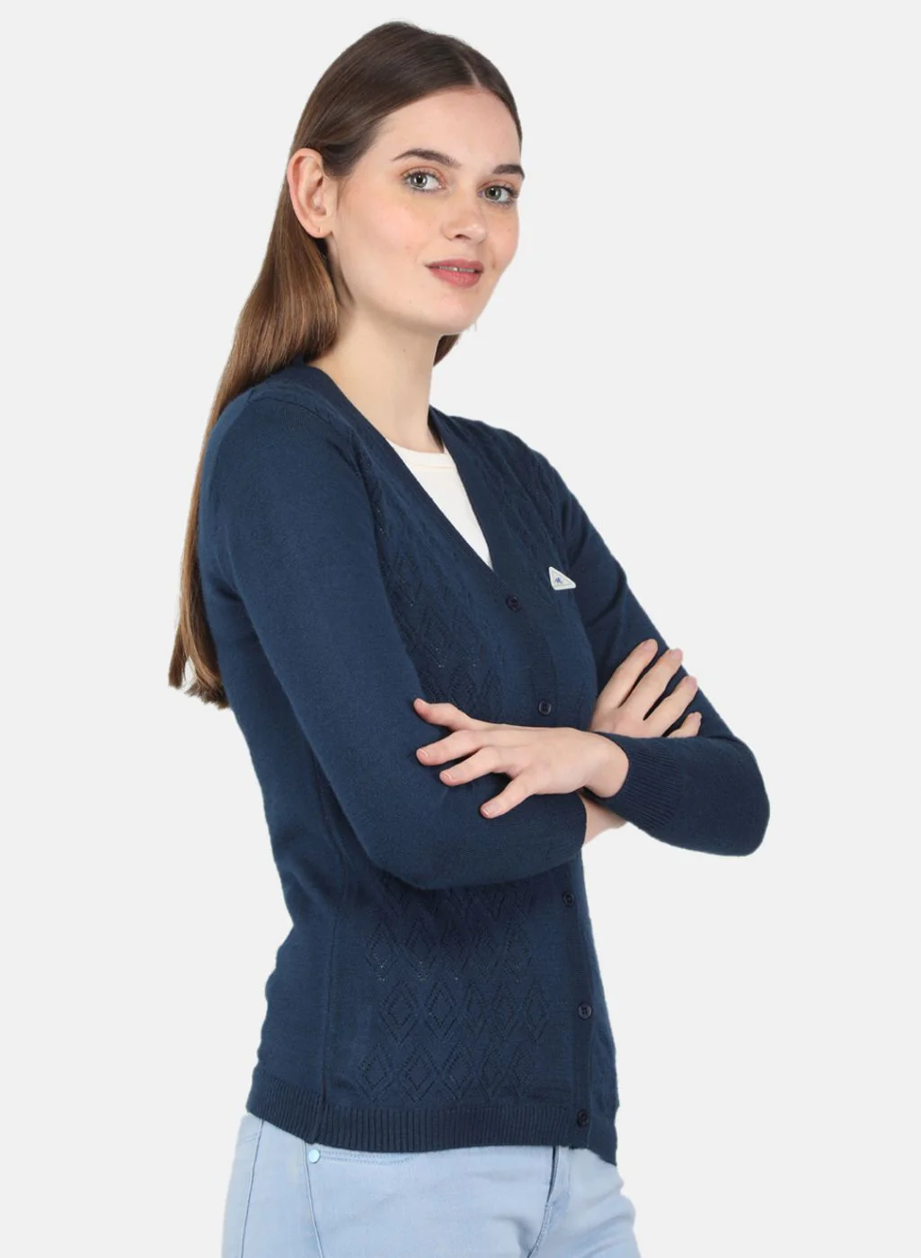 Women NAvy Blue Self Design Cardigan - Image 6