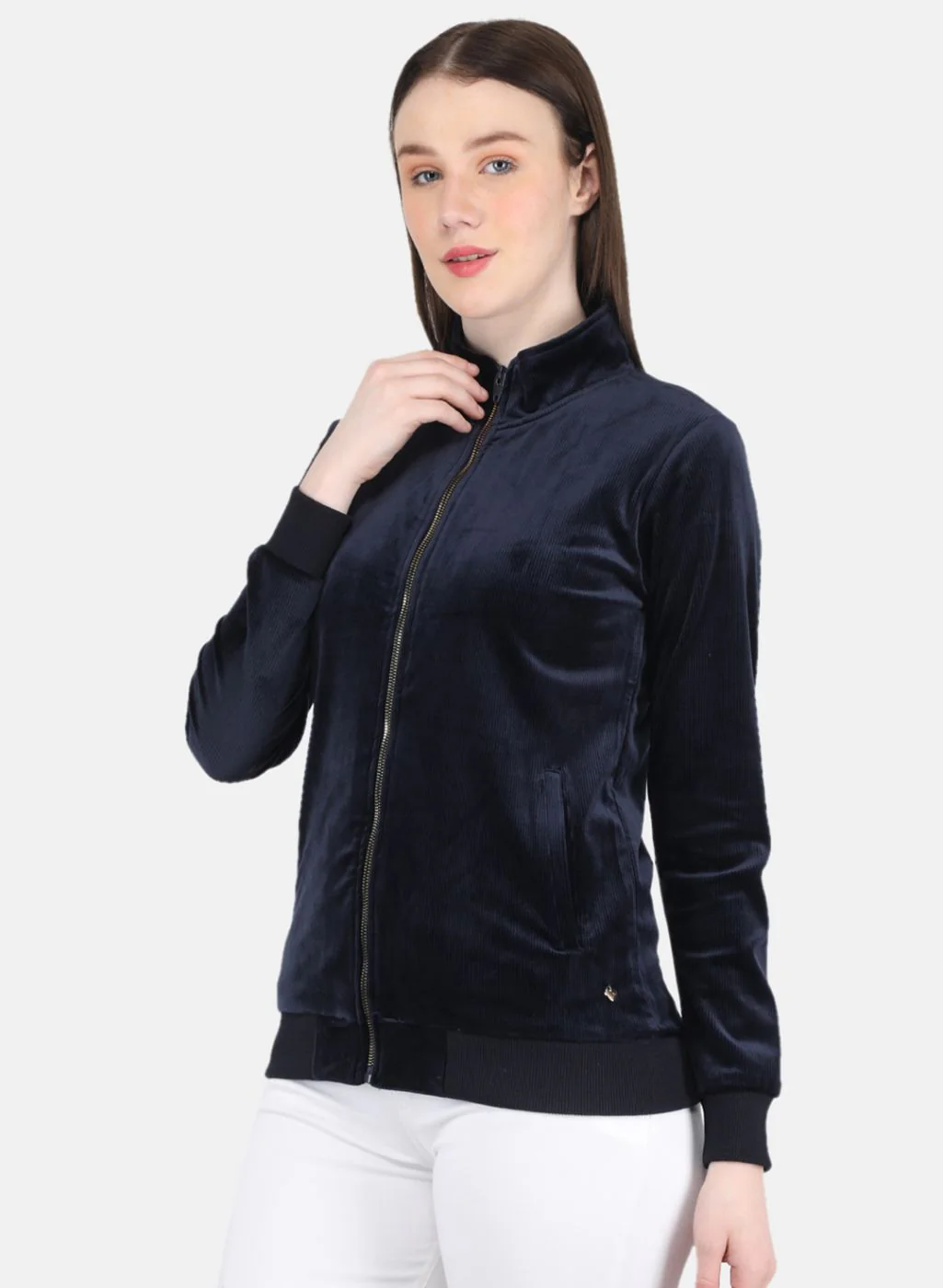 Women NAvy Blue Self Design Sweatshirt - Image 2