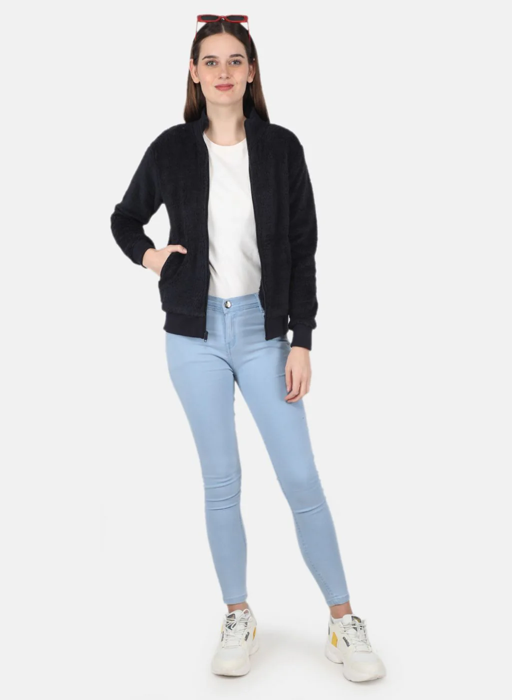 Women NAvy Blue Solid Sweatshirt - Image 4
