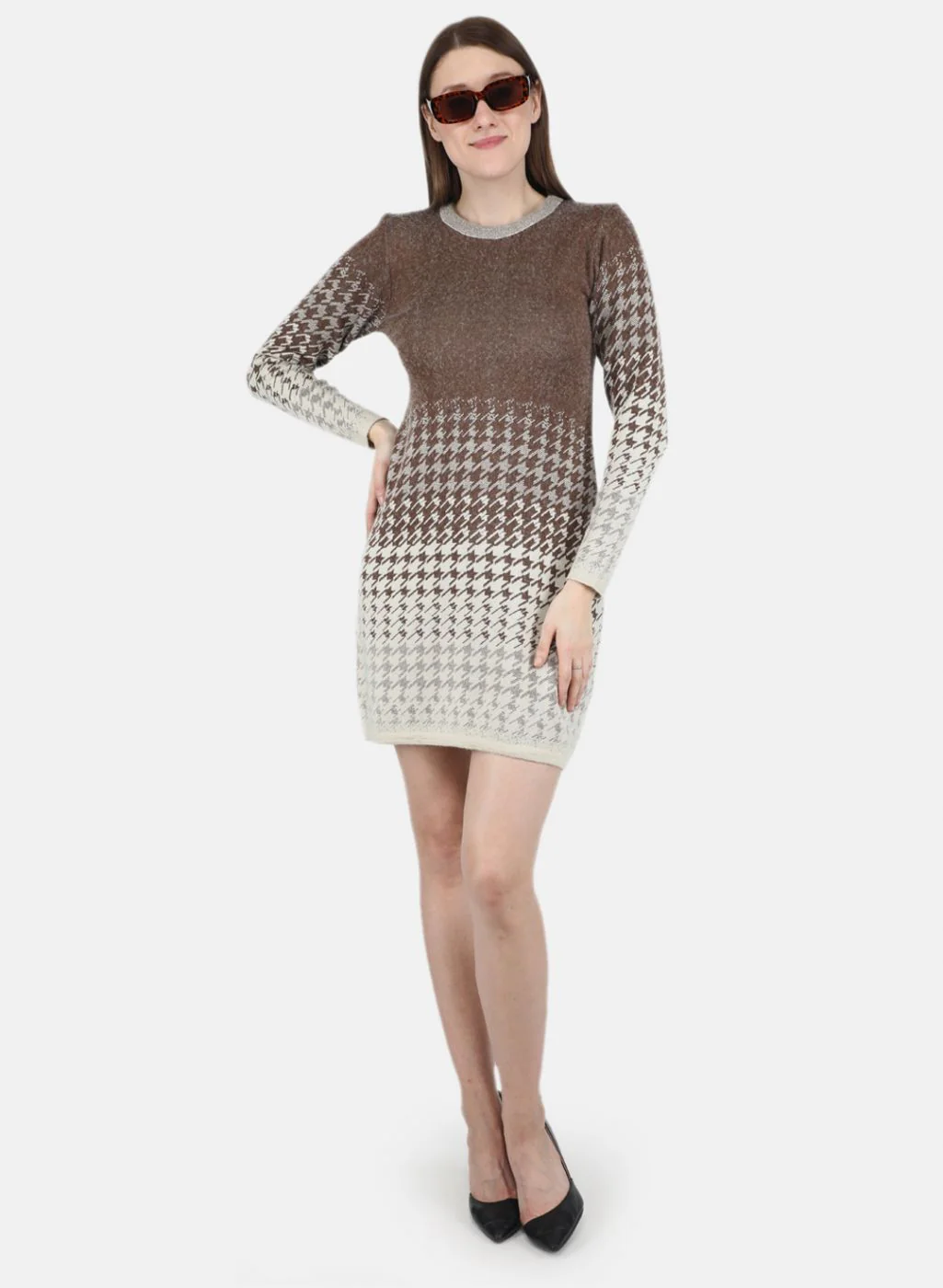Women Off White & Brown Jaquard Dress - Image 4
