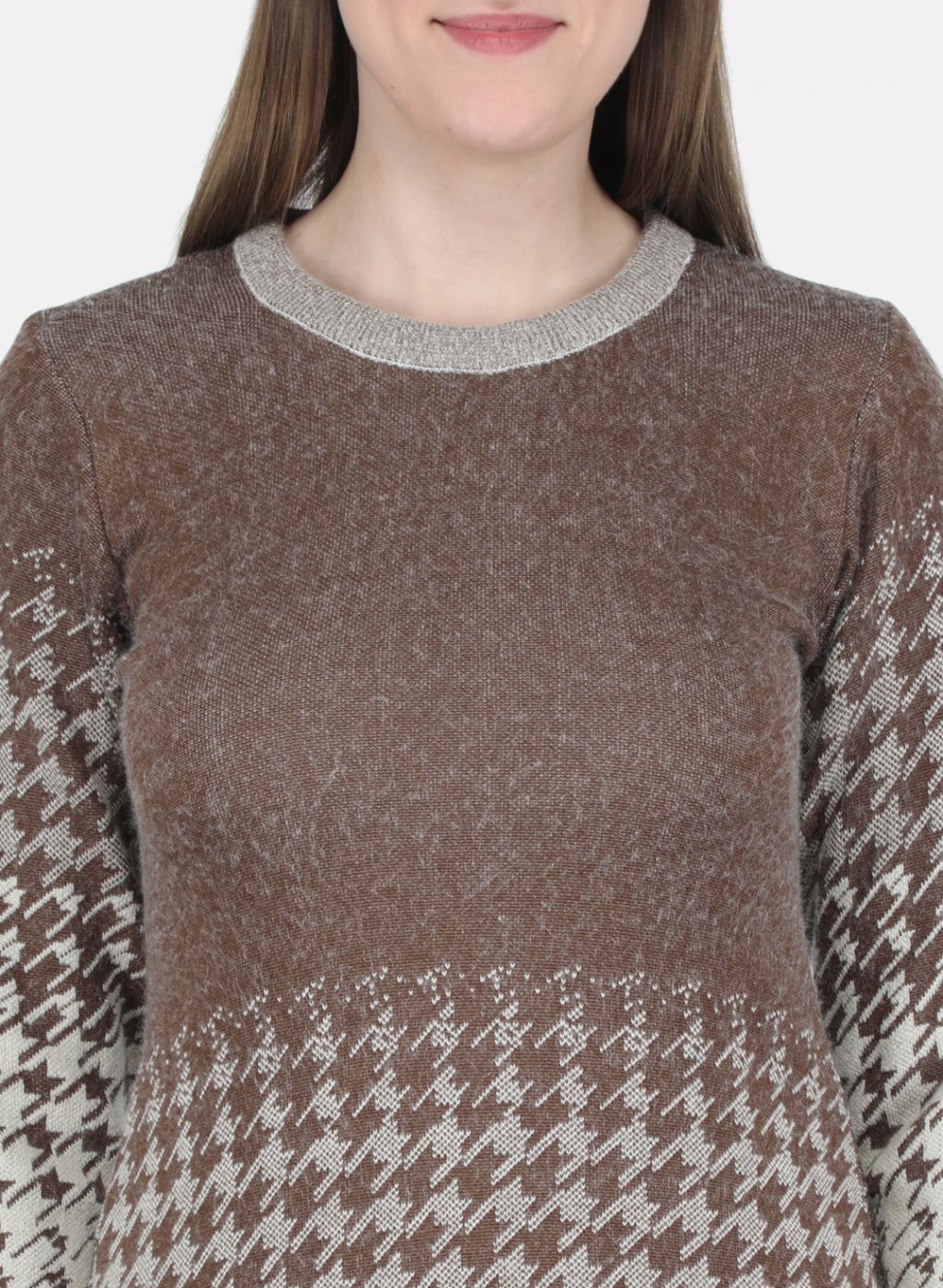 Women Off White & Brown Jaquard Dress - Image 5