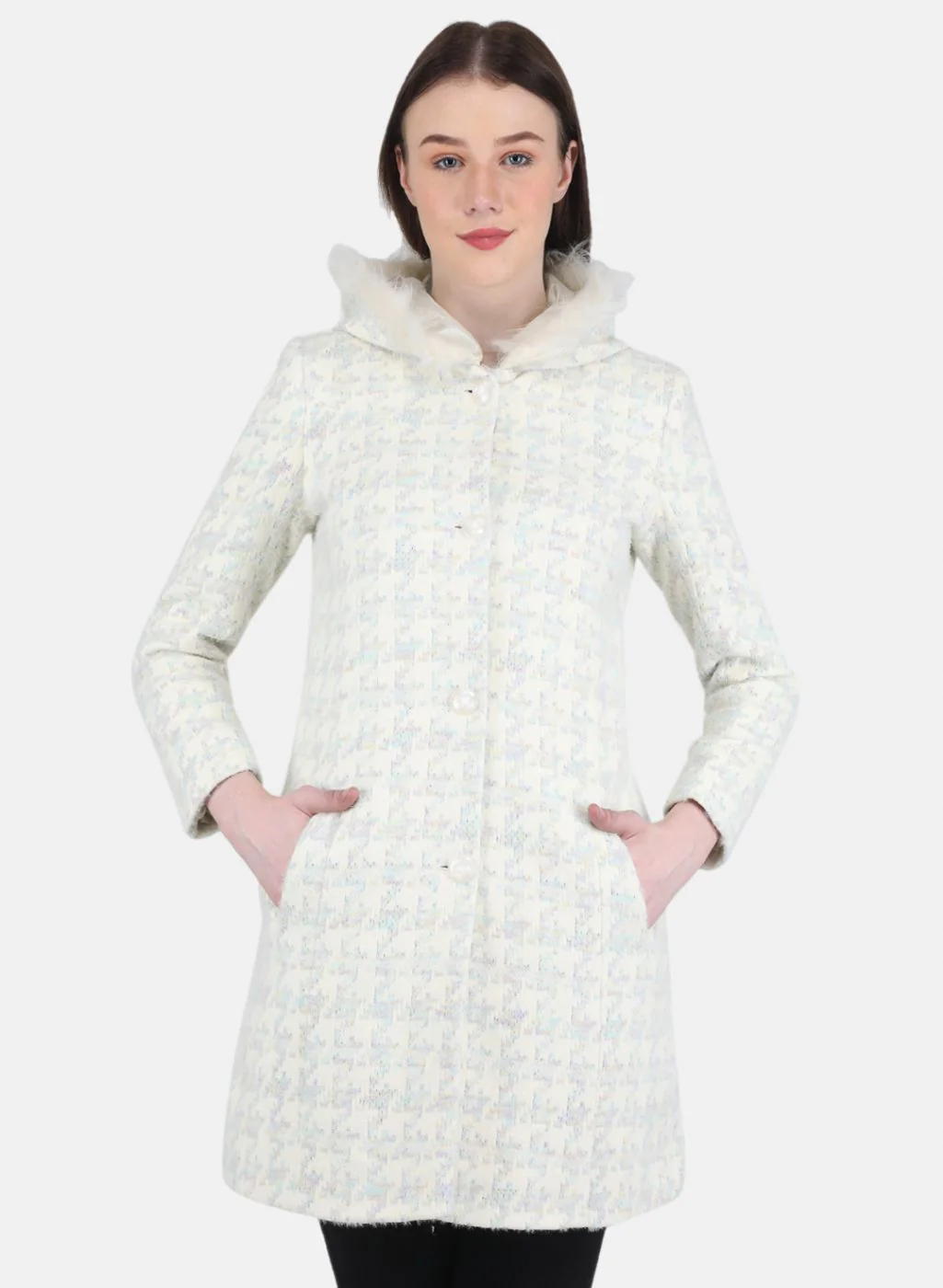 Women Off White Jaquard Long Coat