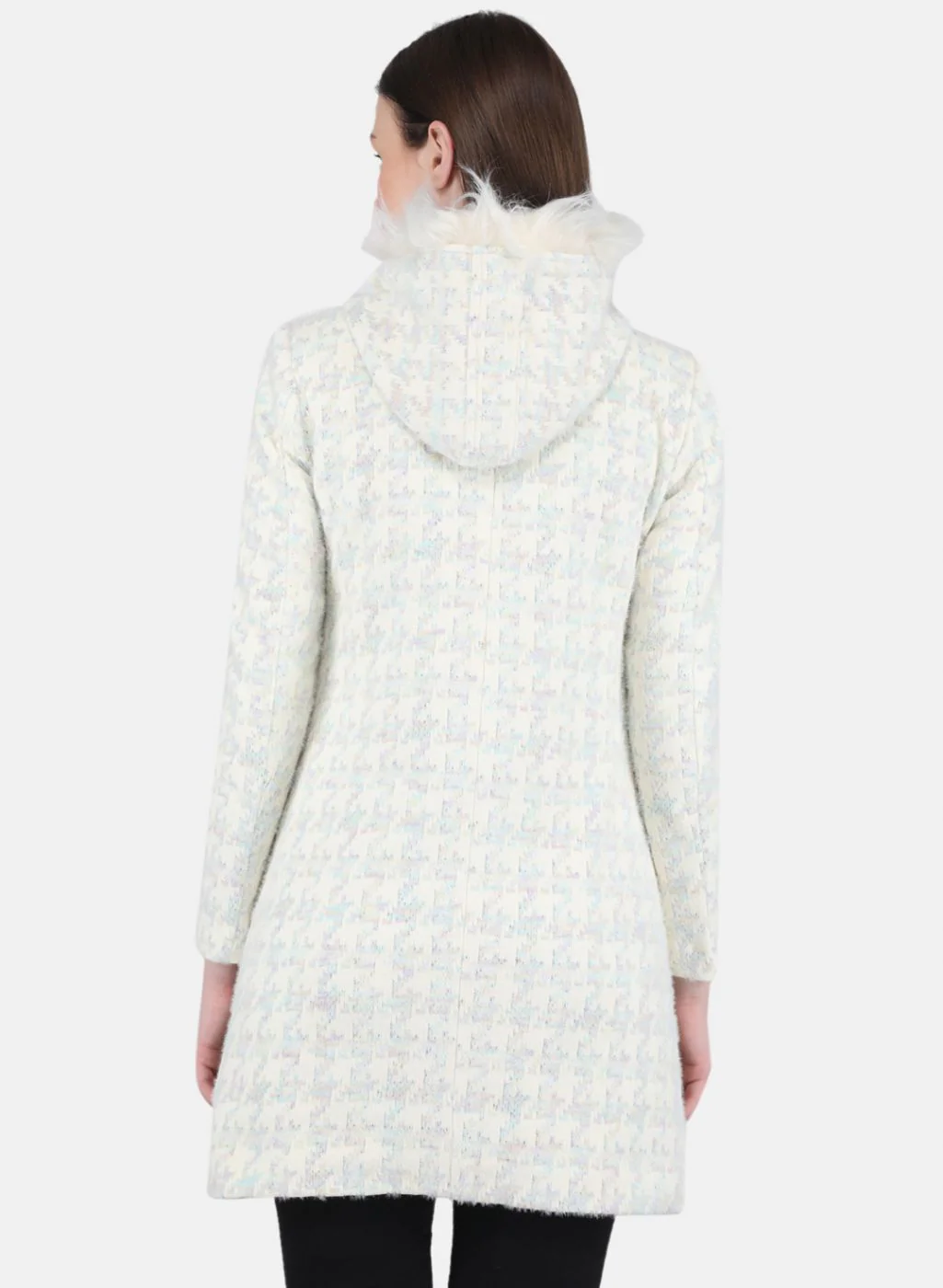 Women Off White Jaquard Long Coat - Image 3