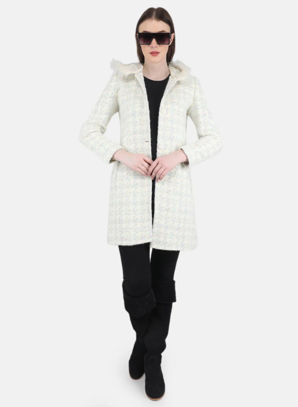Women Off White Jaquard Long Coat - Image 4