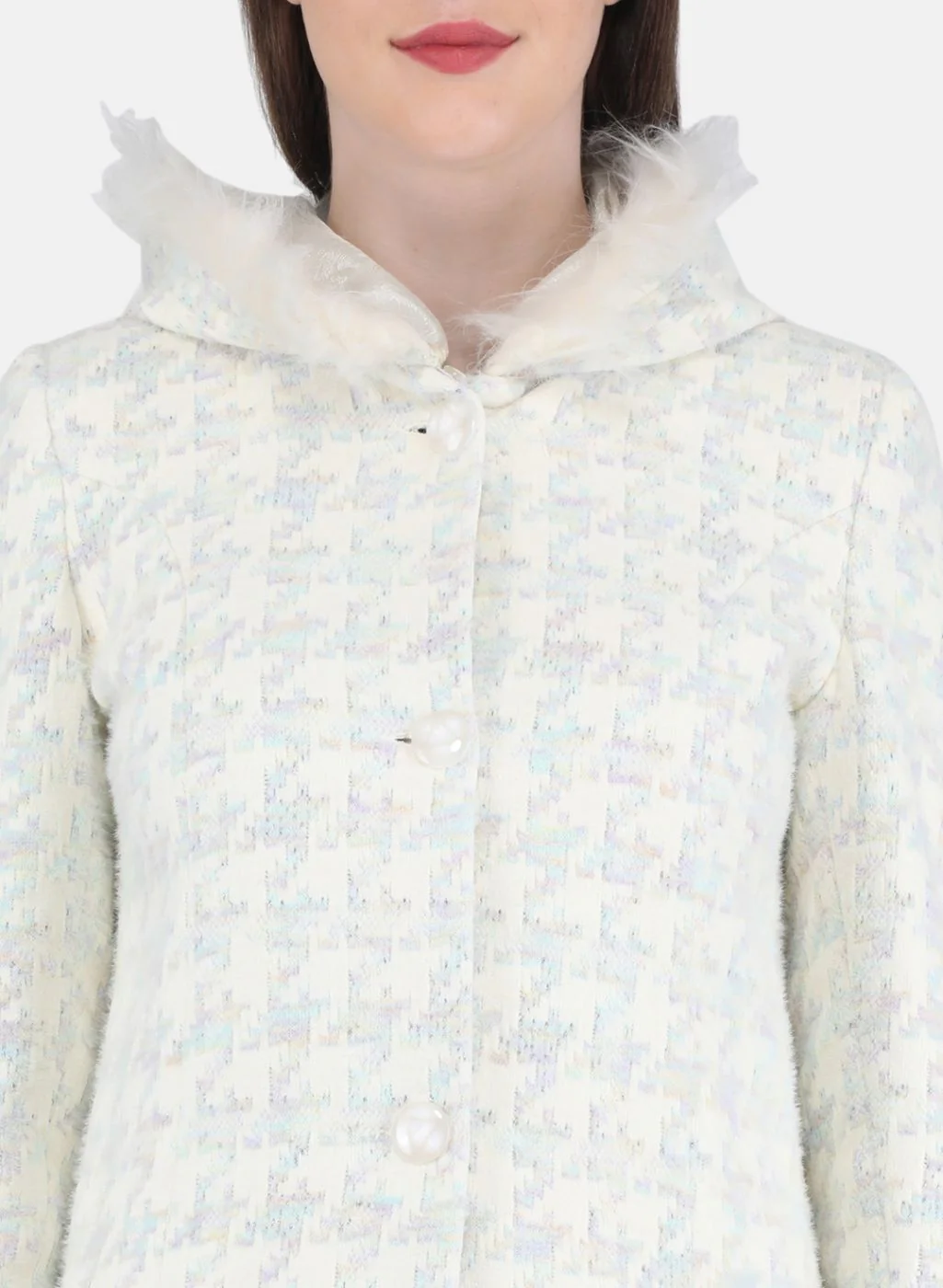 Women Off White Jaquard Long Coat - Image 5