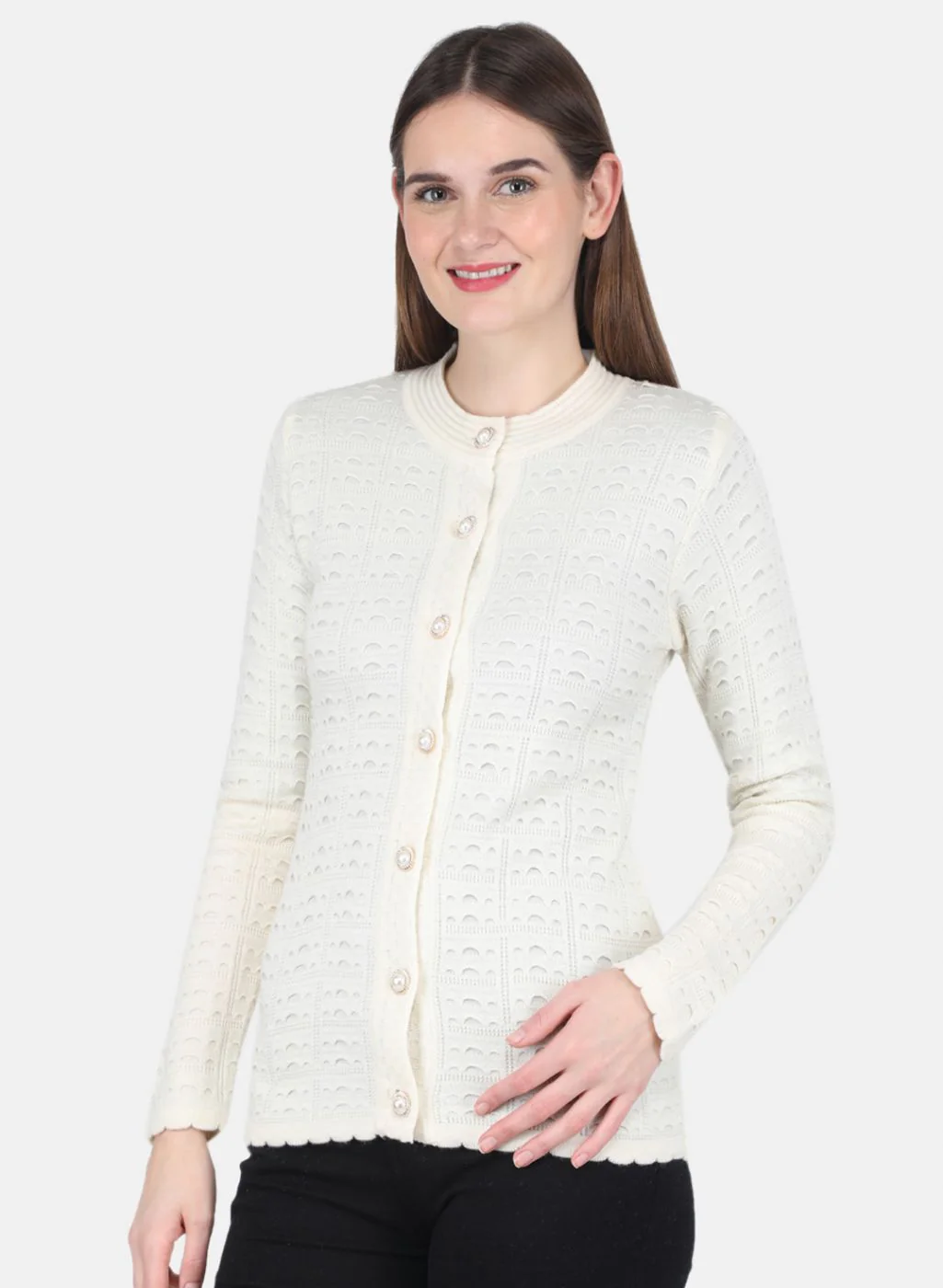 Women Off White Self design Cardigan - Image 2