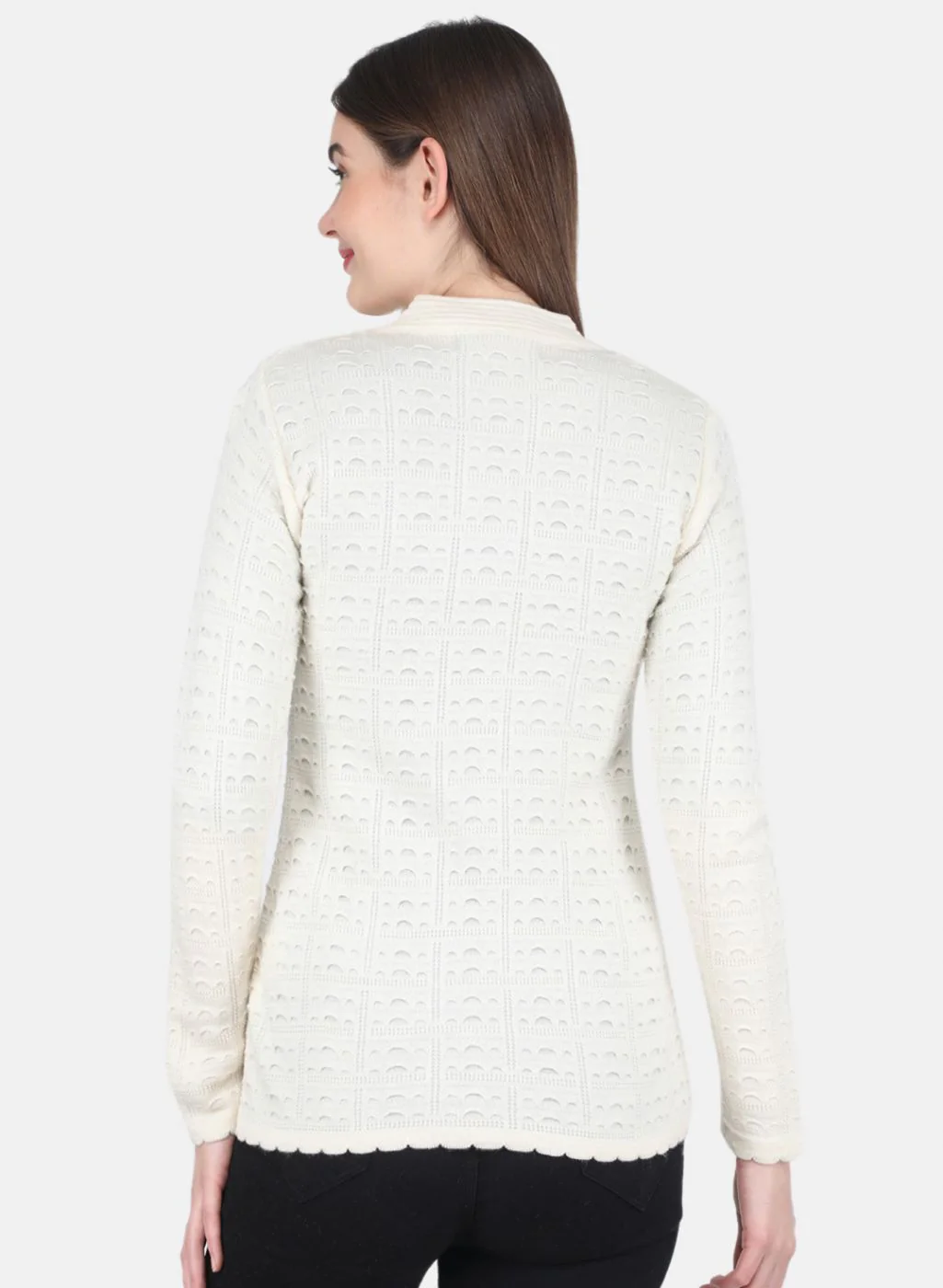 Women Off White Self design Cardigan - Image 3