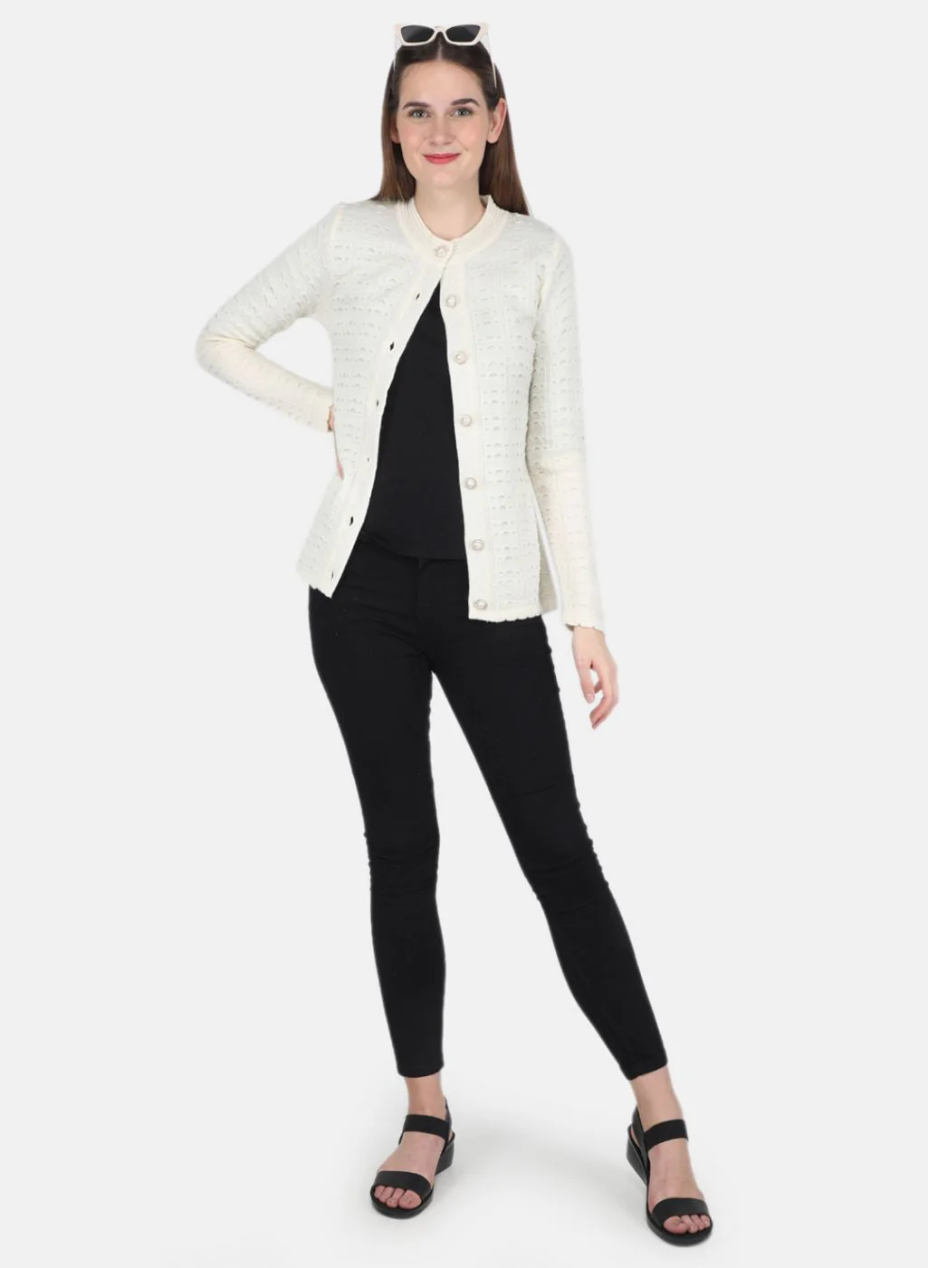 Women Off White Self design Cardigan - Image 4