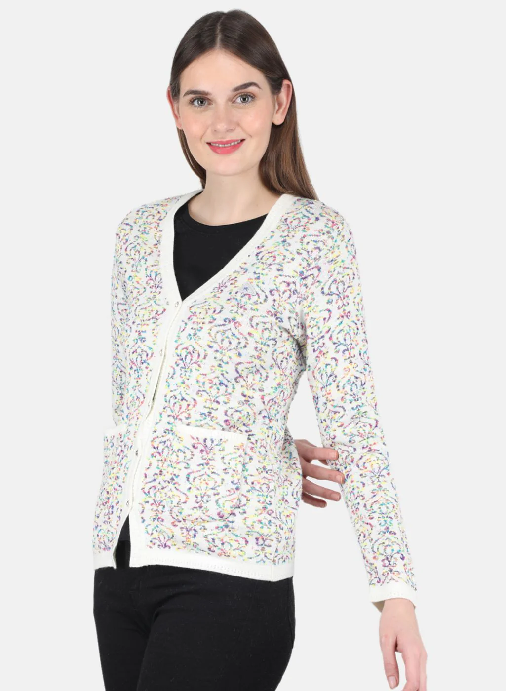 Women Off White Self design Cardigan - Image 2