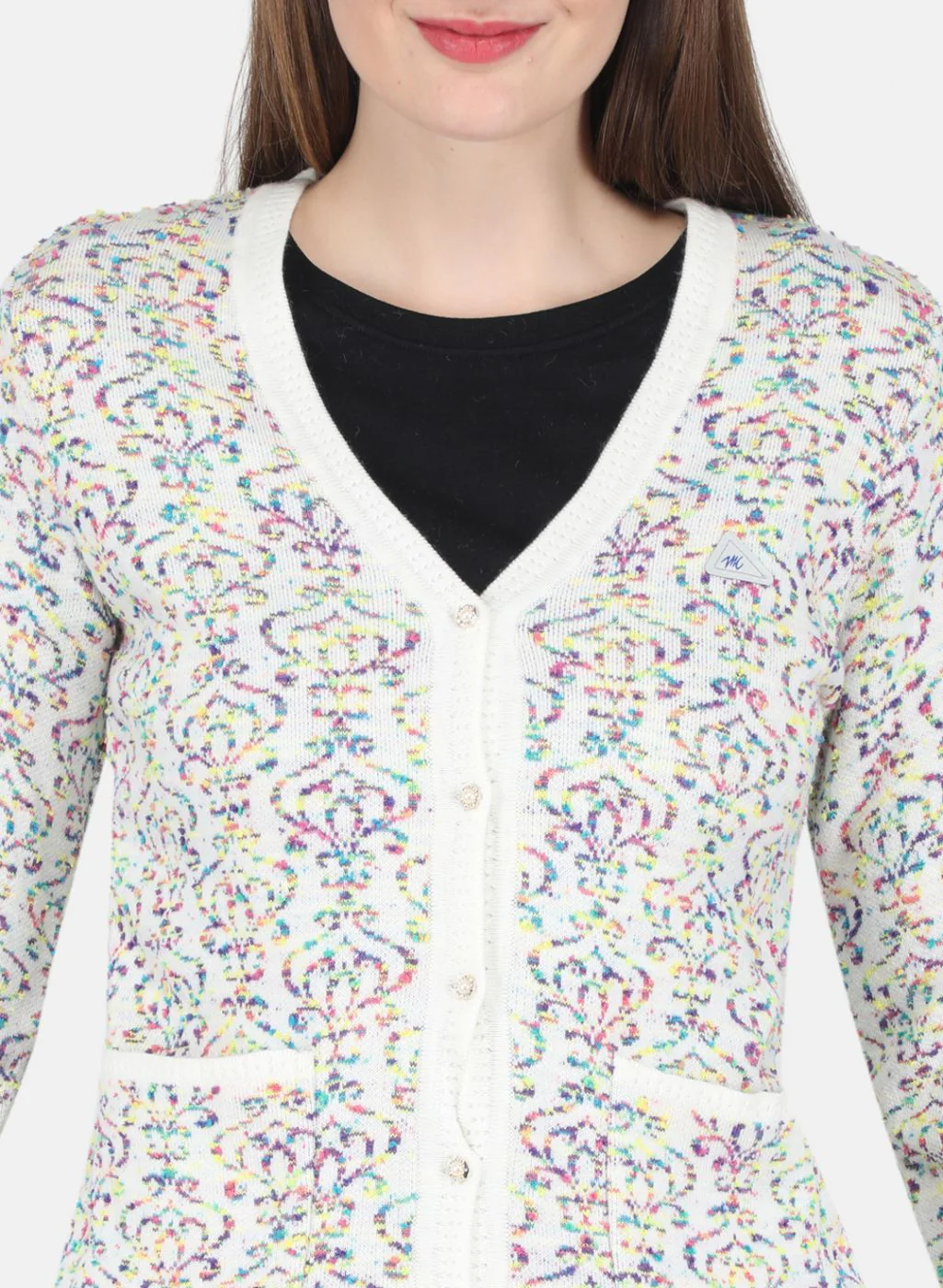 Women Off White Self design Cardigan - Image 5