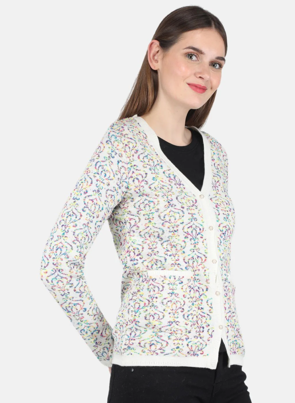 Women Off White Self design Cardigan - Image 6