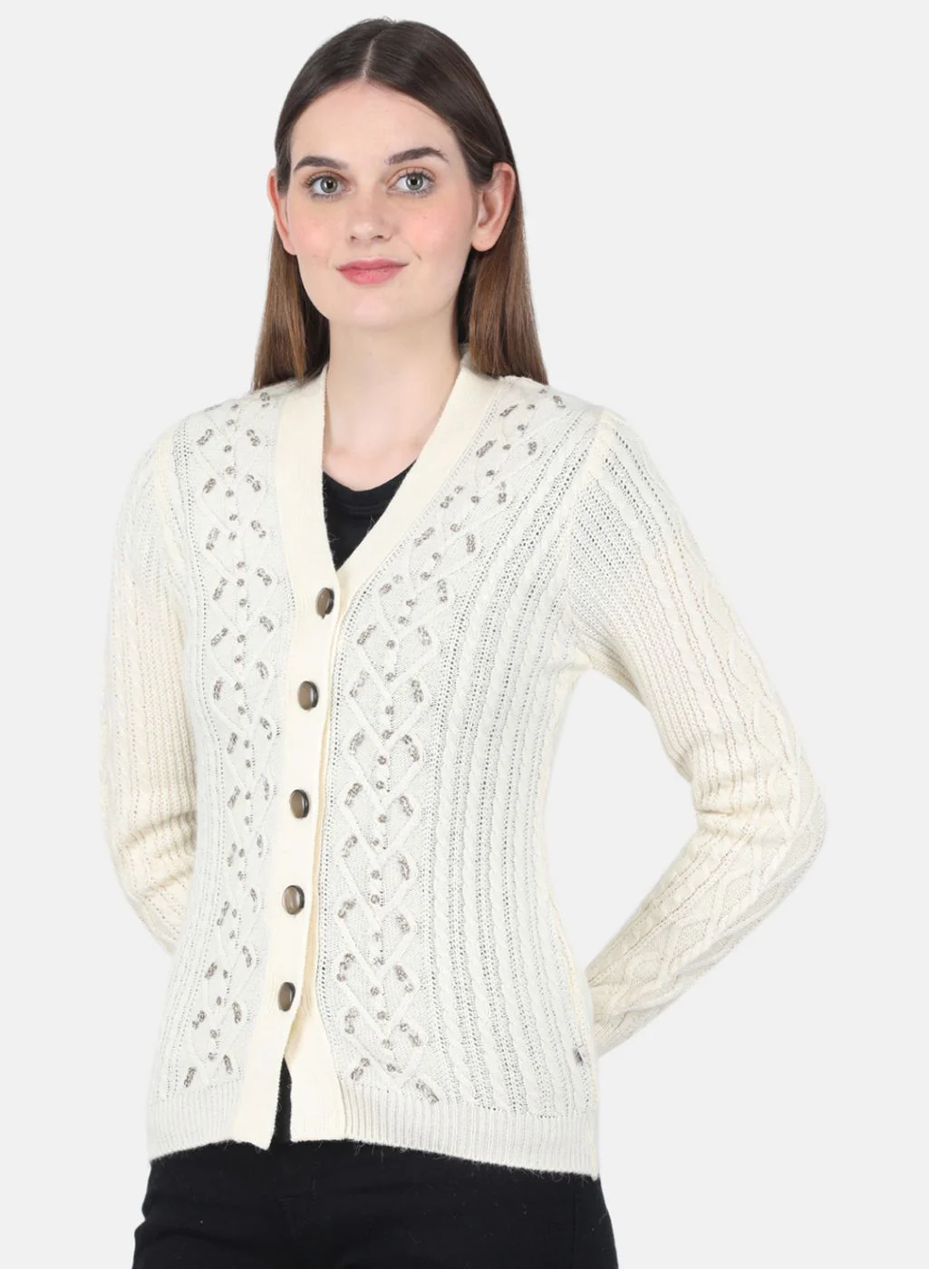 Women Off White Self Design Cardigan - Image 2