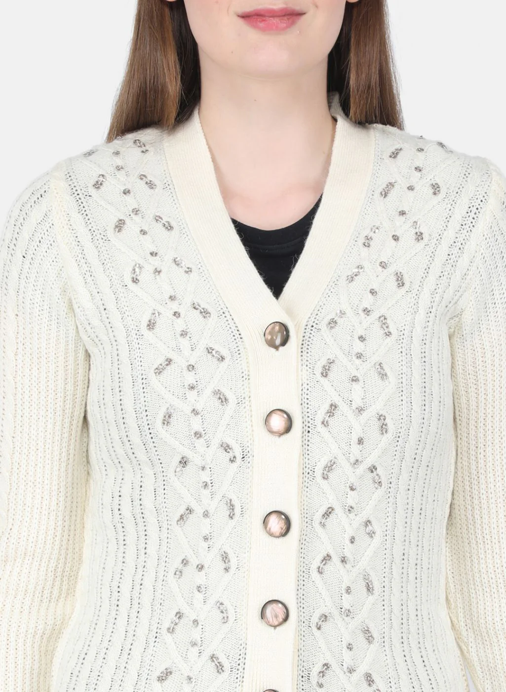 Women Off White Self Design Cardigan - Image 5