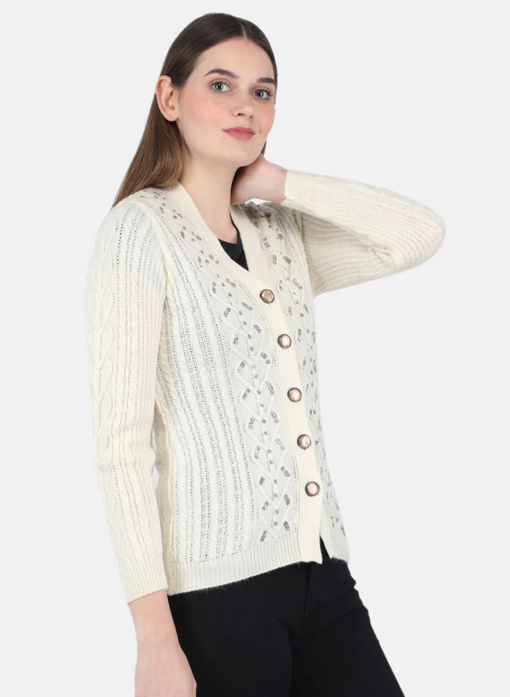 Women Off White Self Design Cardigan - Image 6