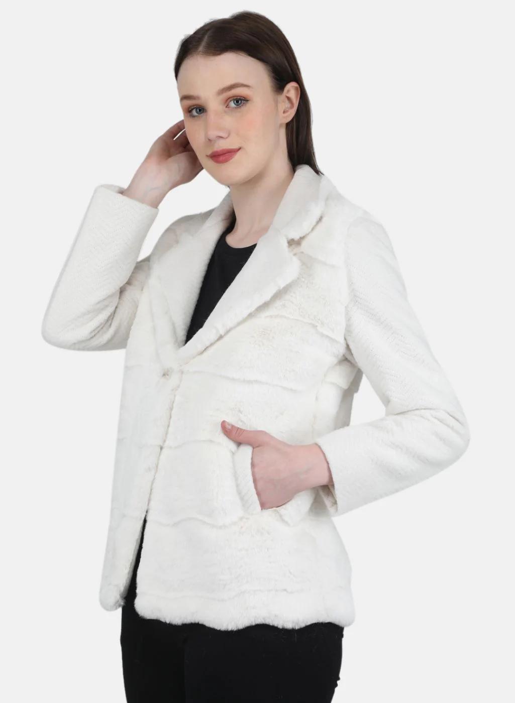 Women Off White Solid Coat - Image 2