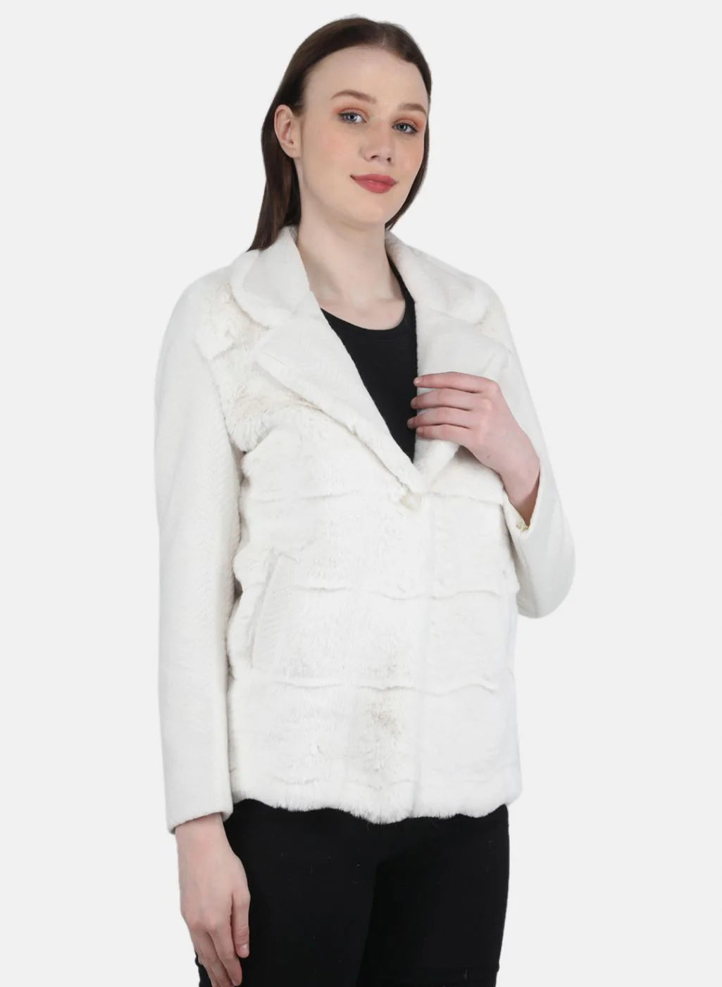 Women Off White Solid Coat - Image 6