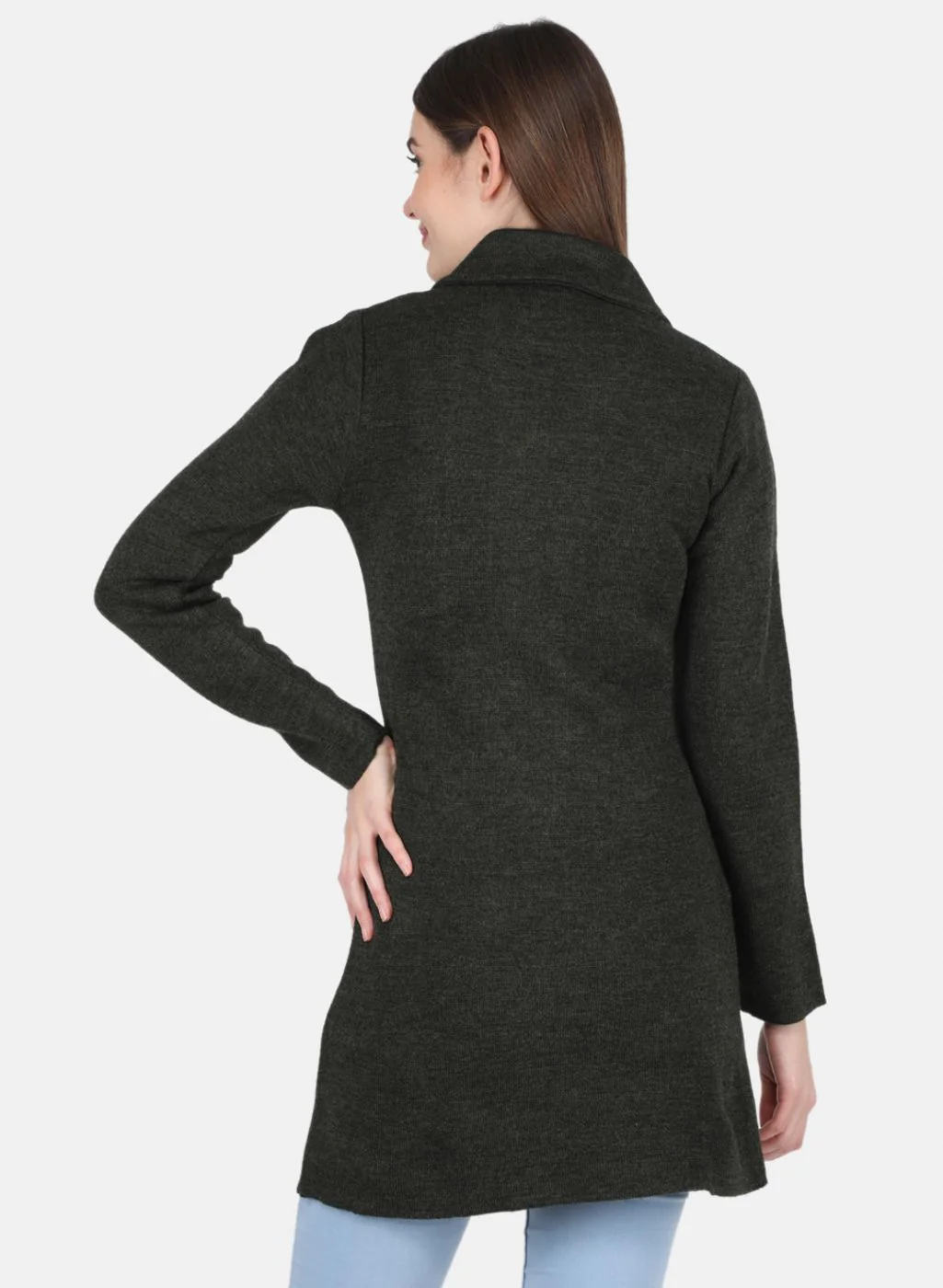 Women Olive Self design Coat - Image 3