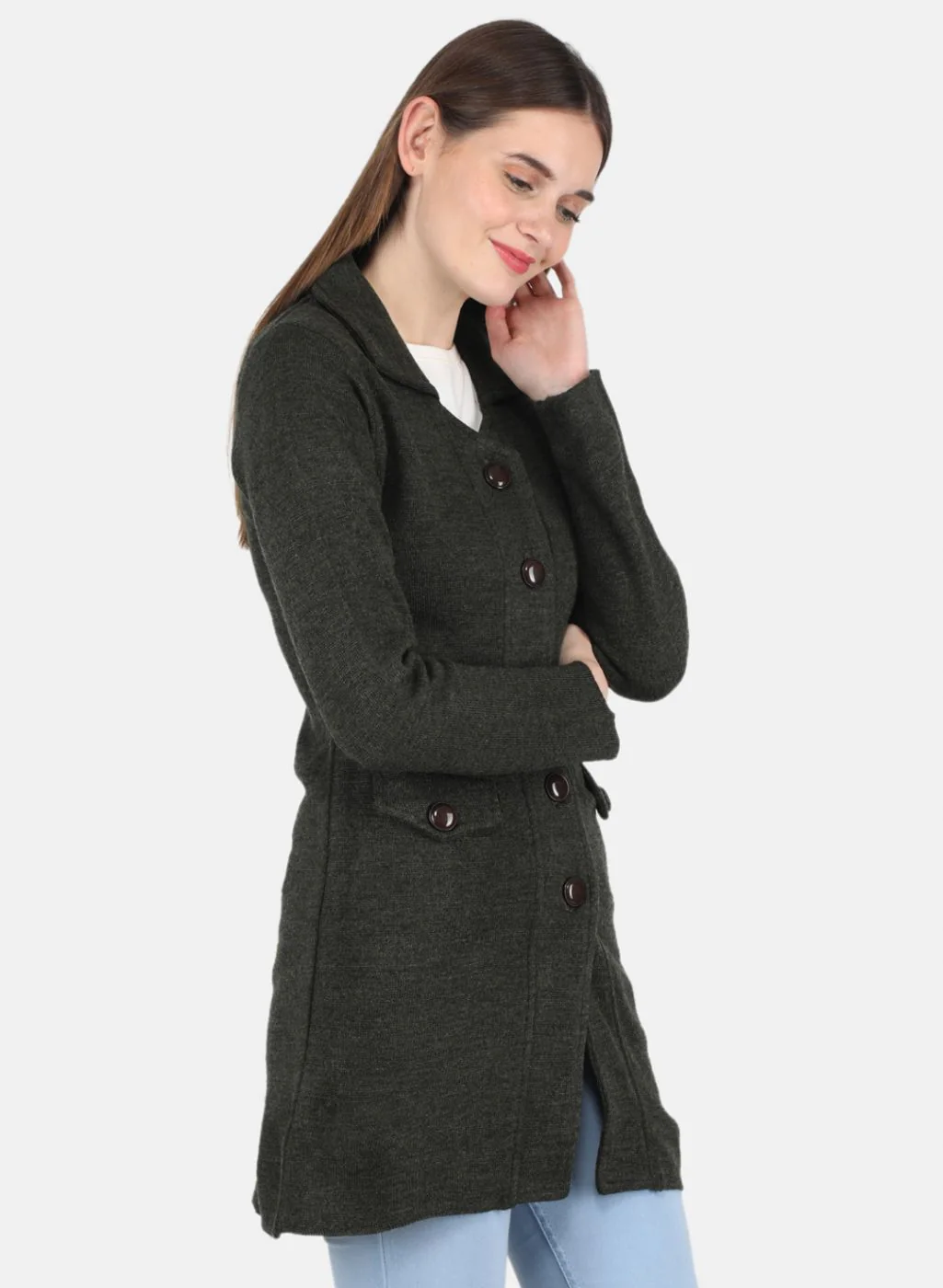 Women Olive Self design Coat - Image 6