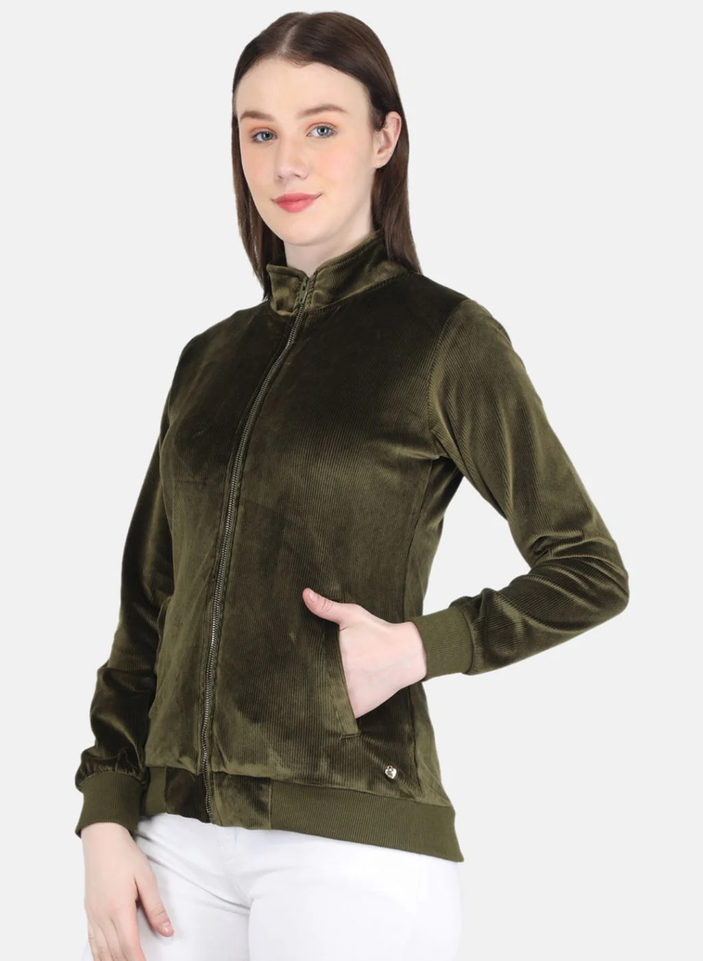 Women Olive Self Design Sweatshirt - Image 2