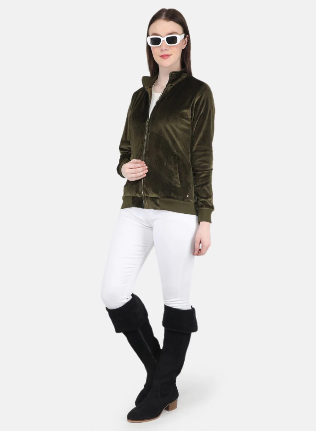 Women Olive Self Design Sweatshirt - Image 4