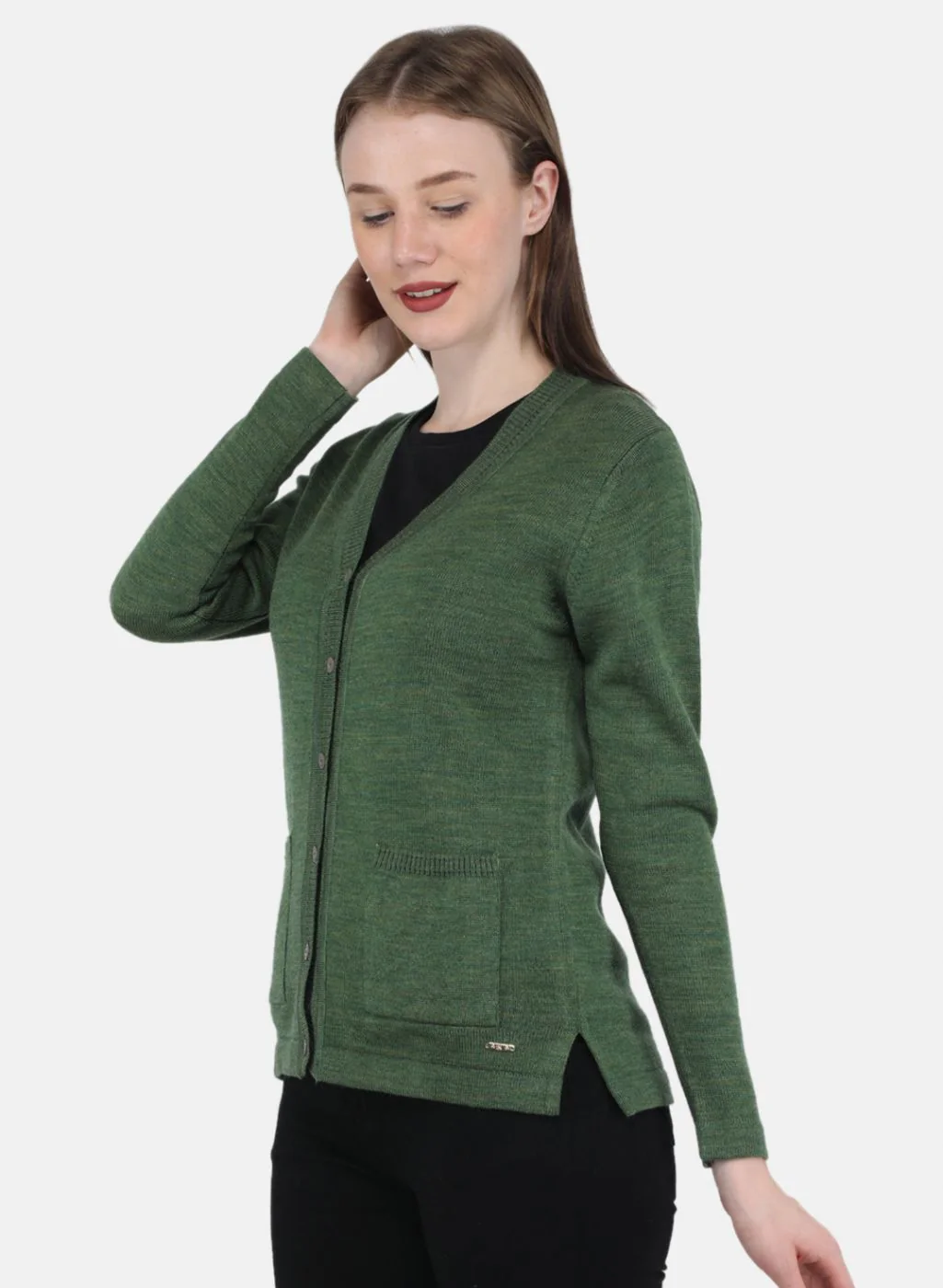 Women Olive Solid Cardigan - Image 2