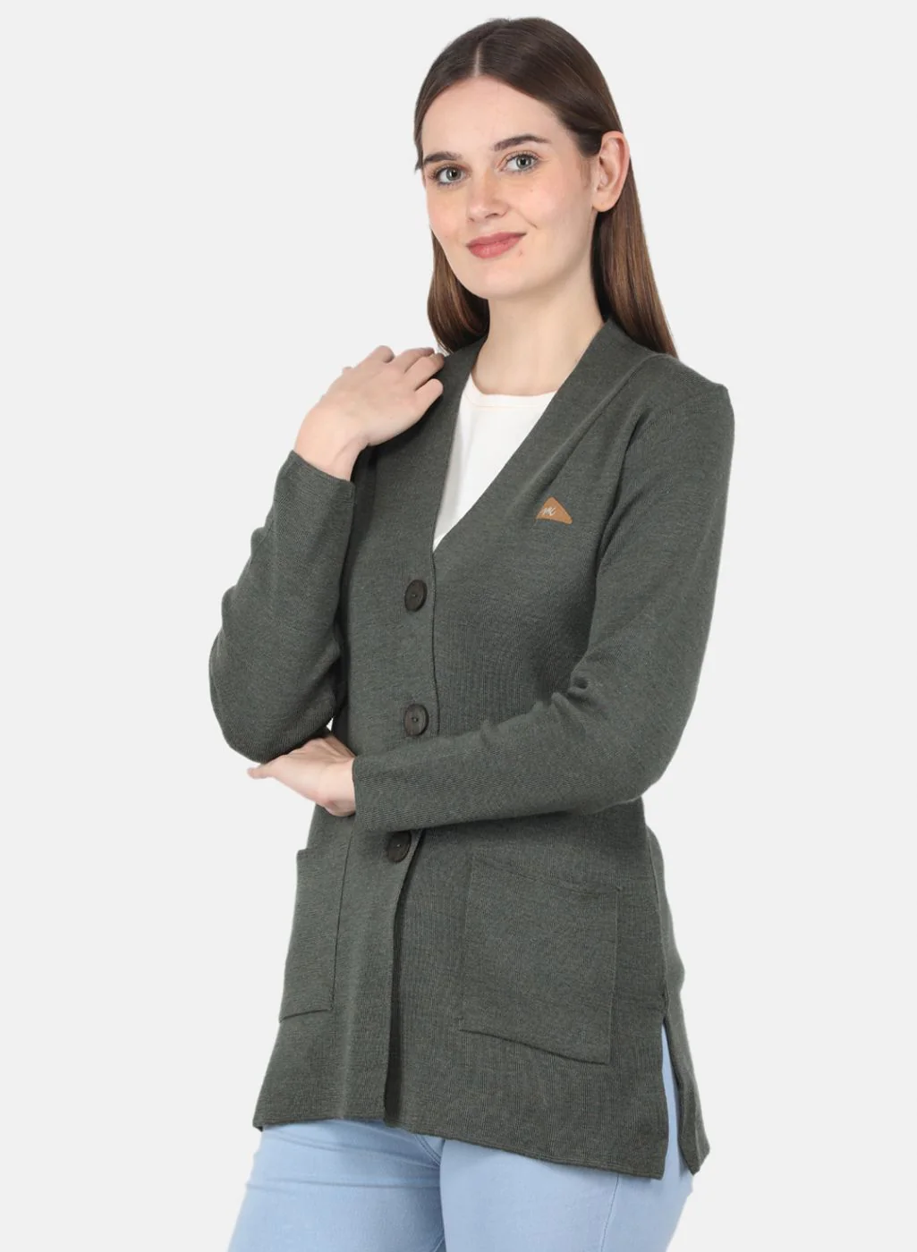 Women Olive Solid Cardigan - Image 2
