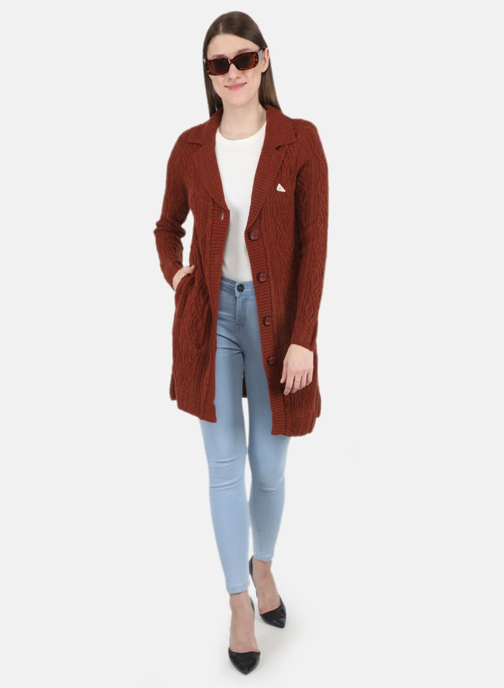 Women Orange Self design Cardigan - Image 4