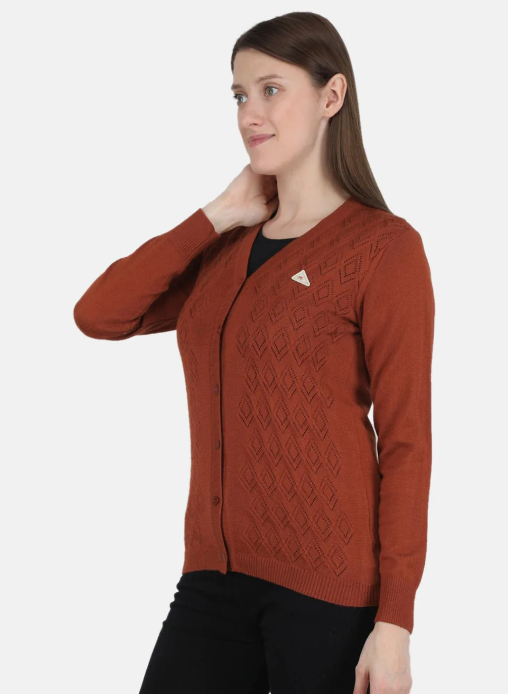 Women Orange Self design Cardigan - Image 2