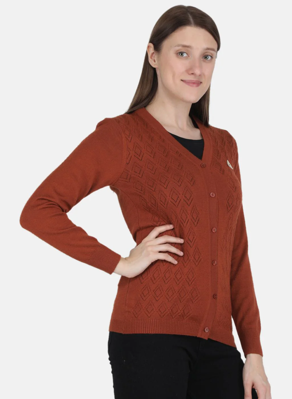 Women Orange Self design Cardigan - Image 6