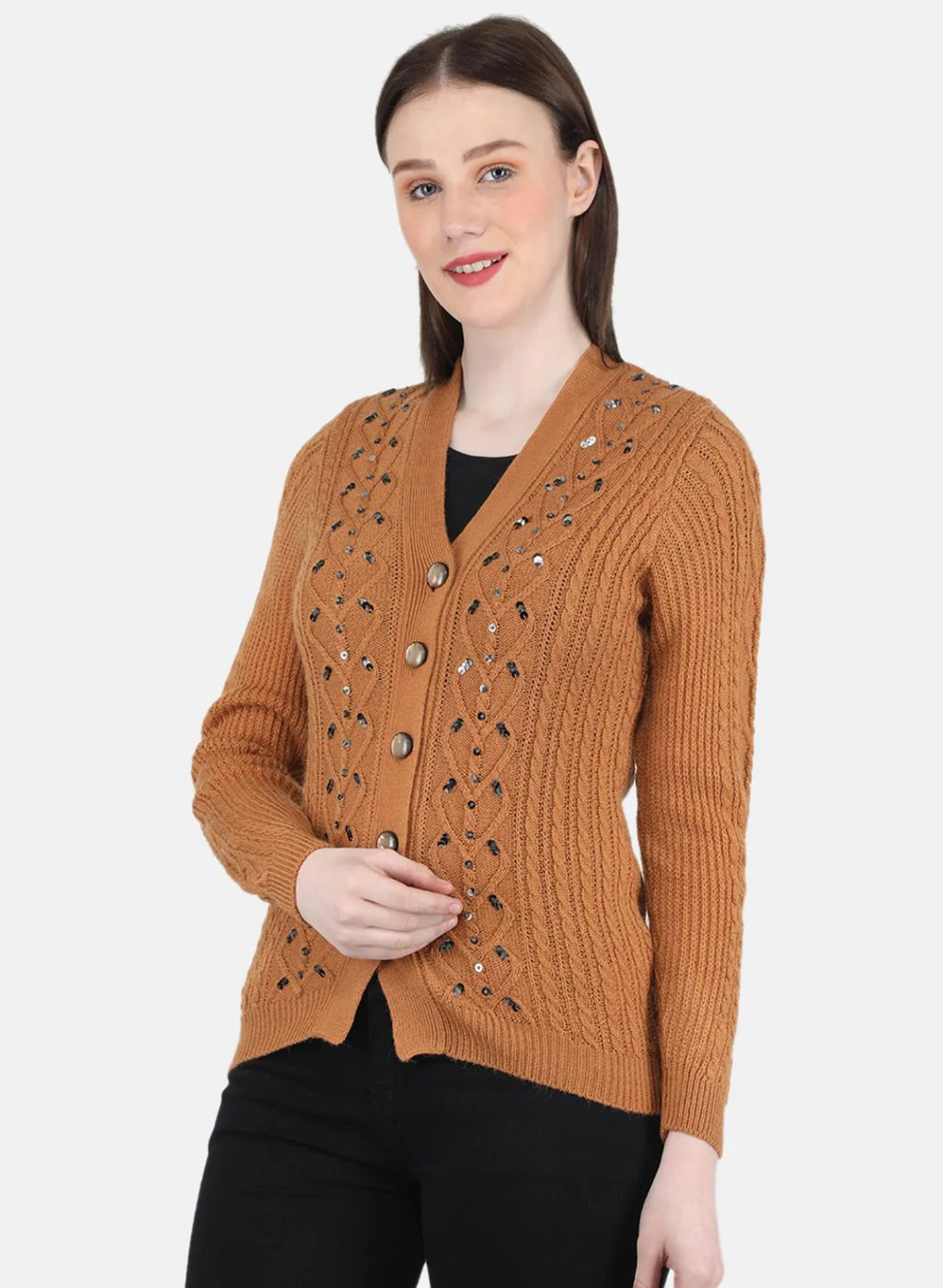 Women Orange Self Design Cardigan - Image 2