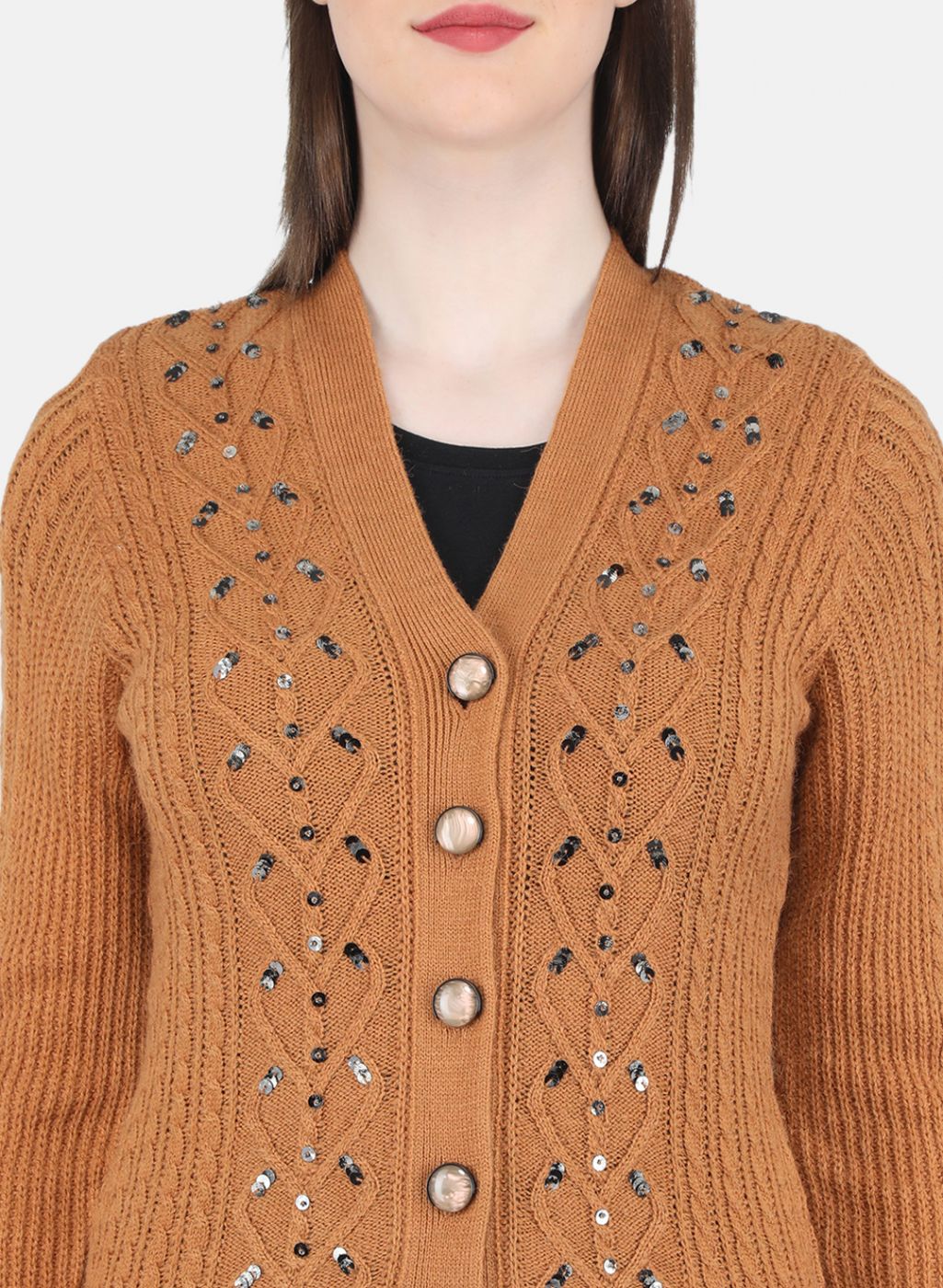 Women Orange Self Design Cardigan - Image 5
