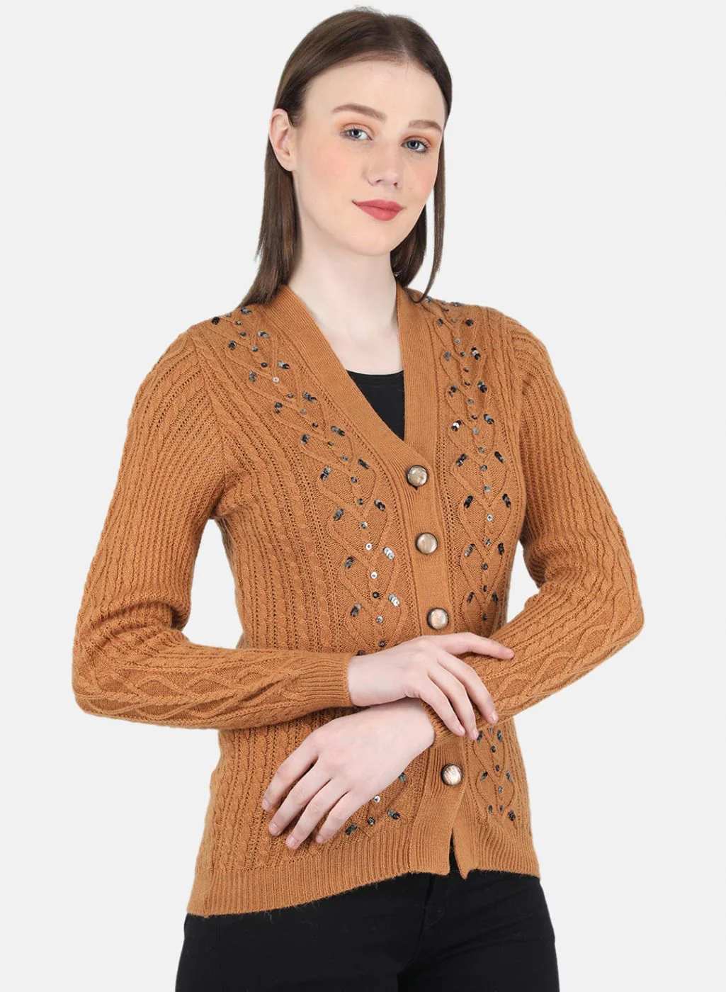 Women Orange Self Design Cardigan - Image 6