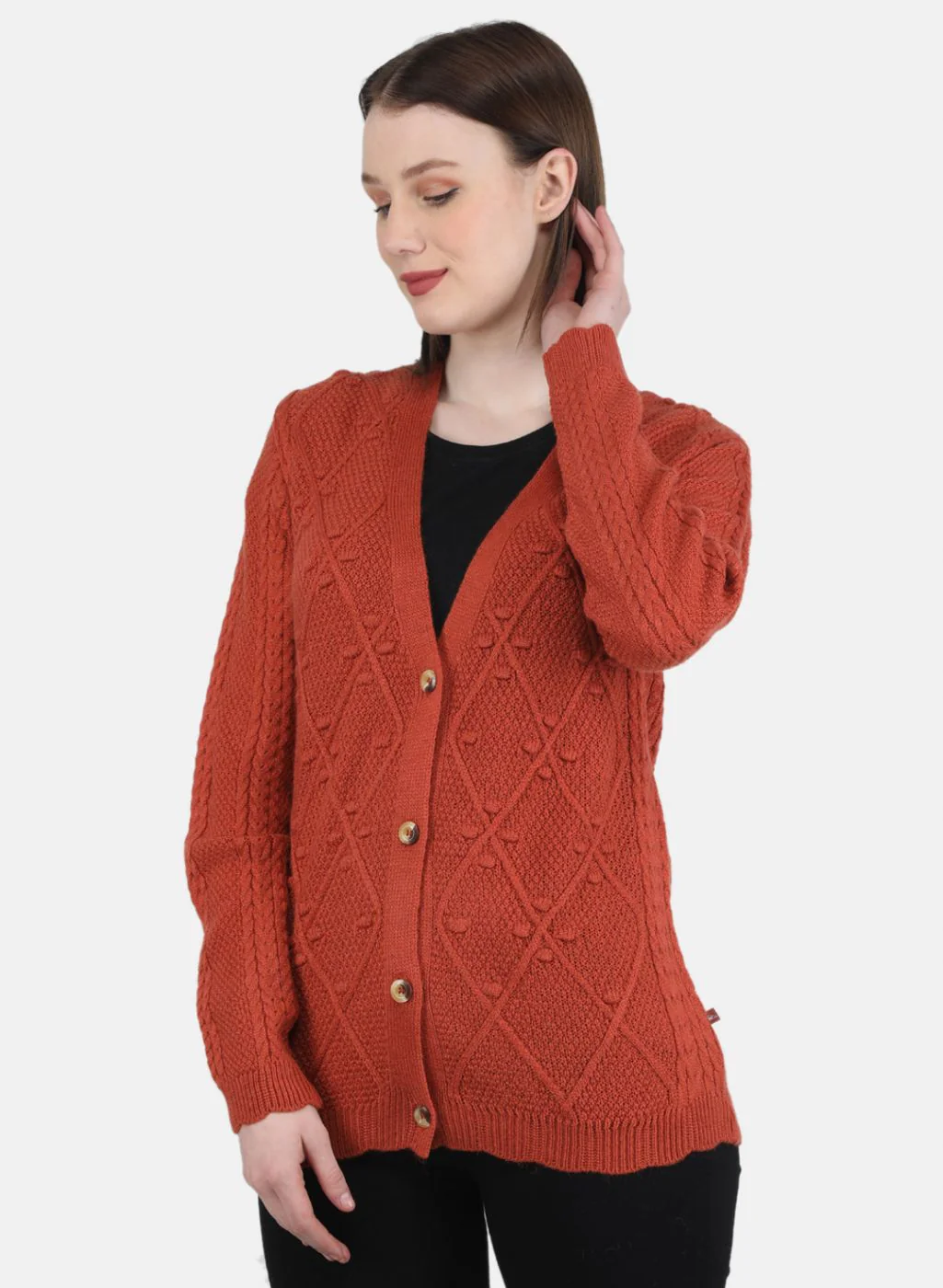 Women Orange Self Design Cardigan - Image 2