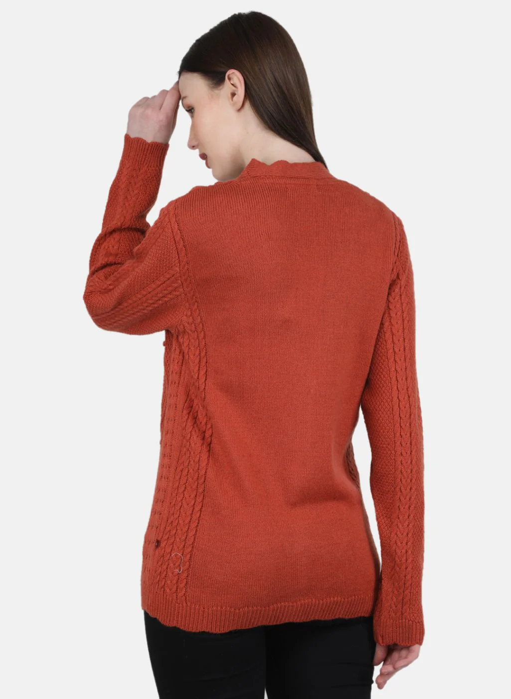 Women Orange Self Design Cardigan - Image 3