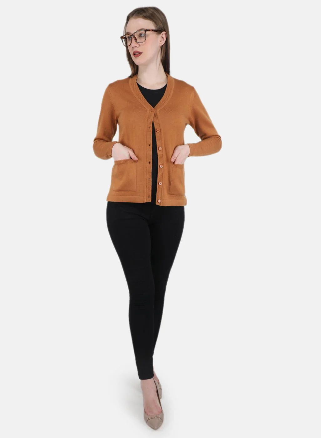 Women Orange Solid Cardigan - Image 4