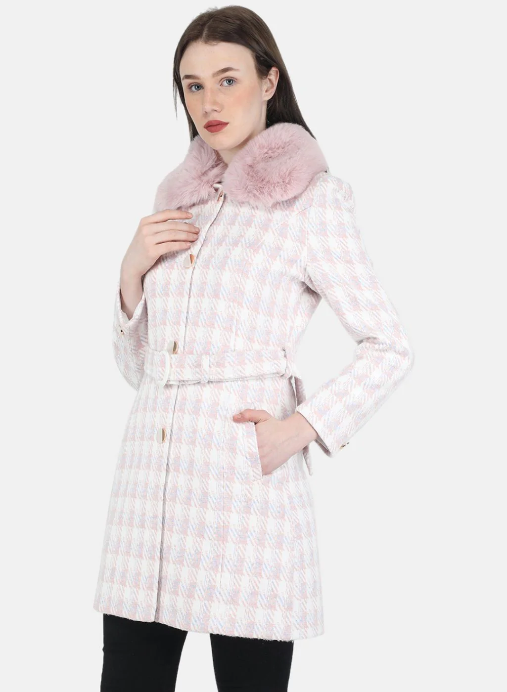 Women Pink Check Coat - Image 2