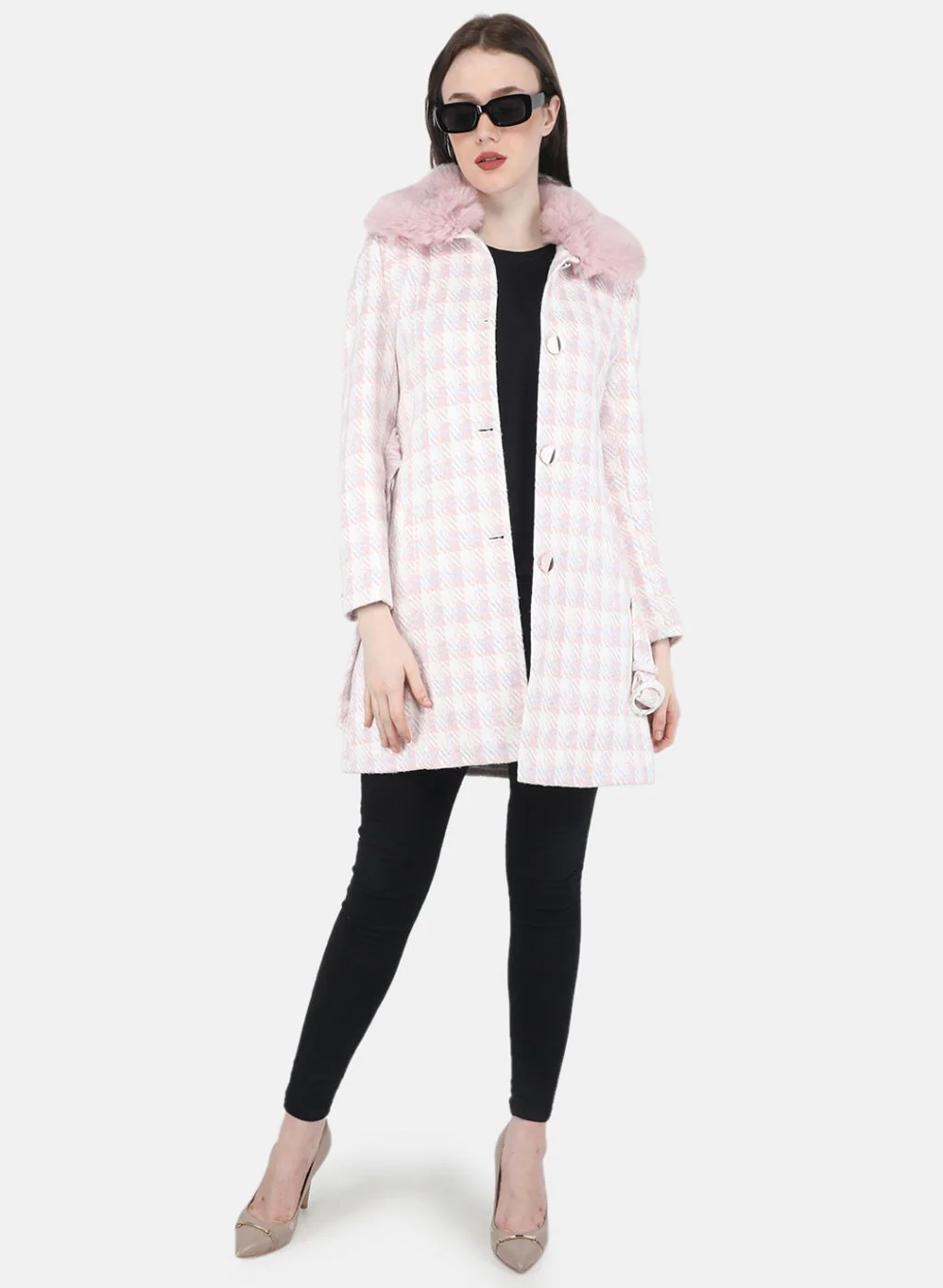 Women Pink Check Coat - Image 4