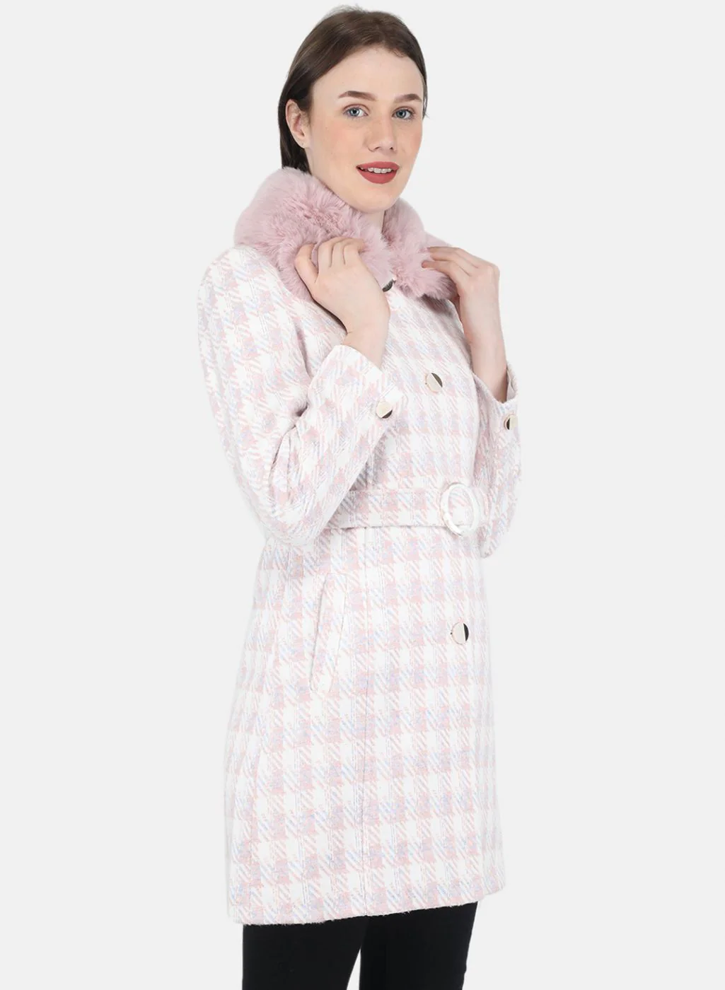 Women Pink Check Coat - Image 6