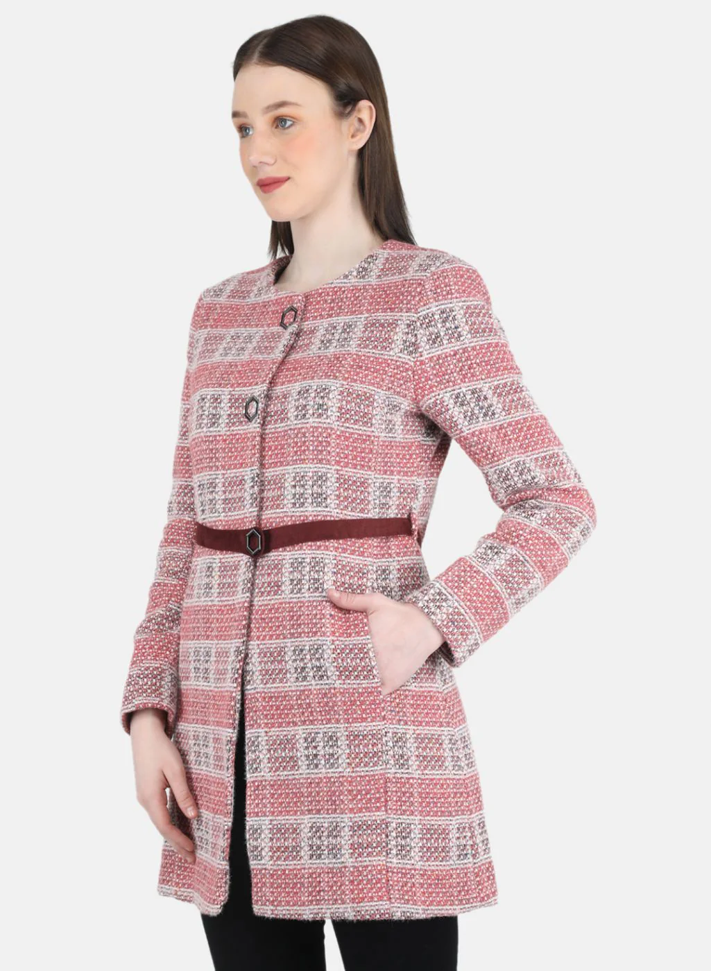 Women Pink Check Coat - Image 2