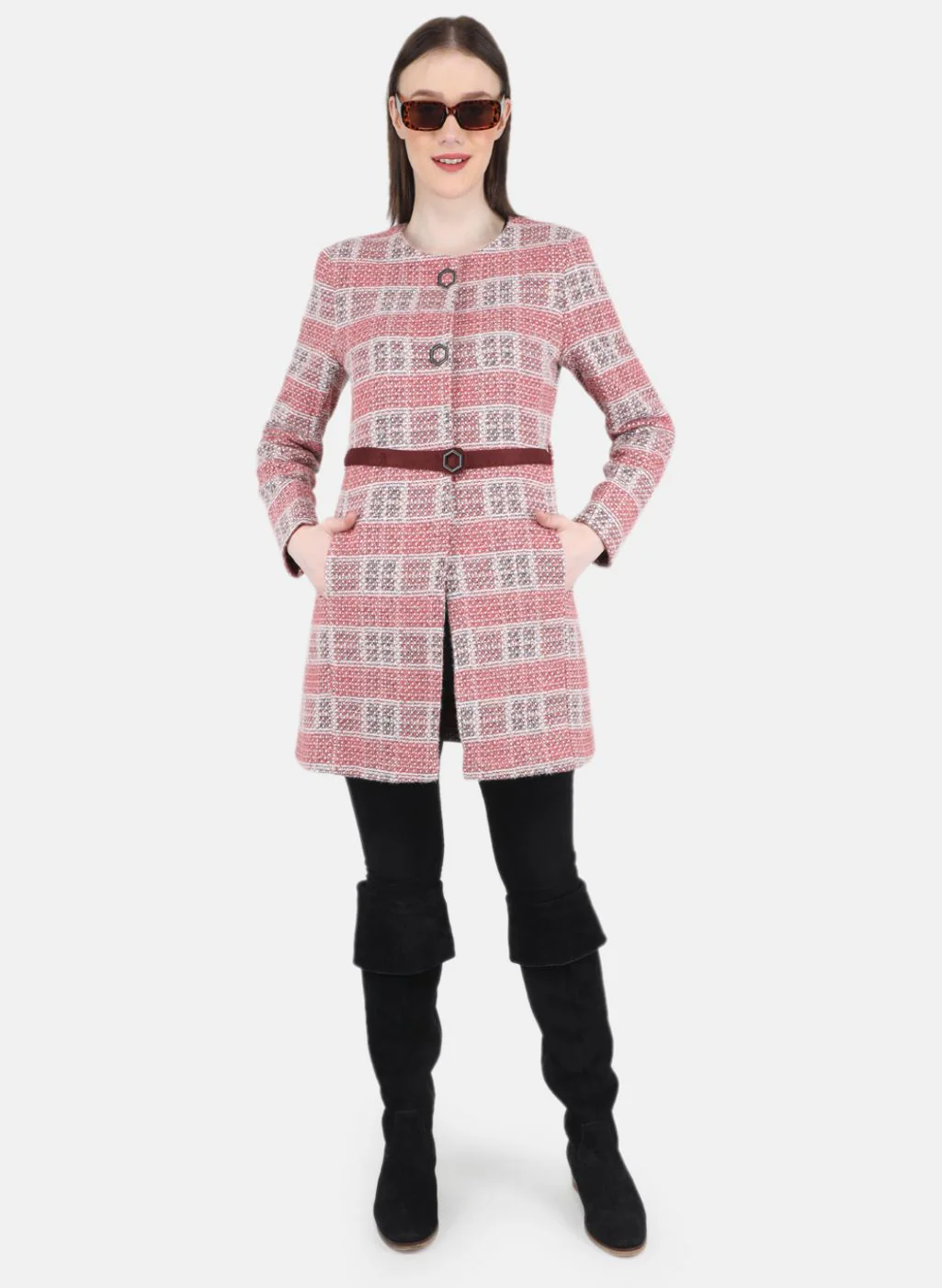 Women Pink Check Coat - Image 4