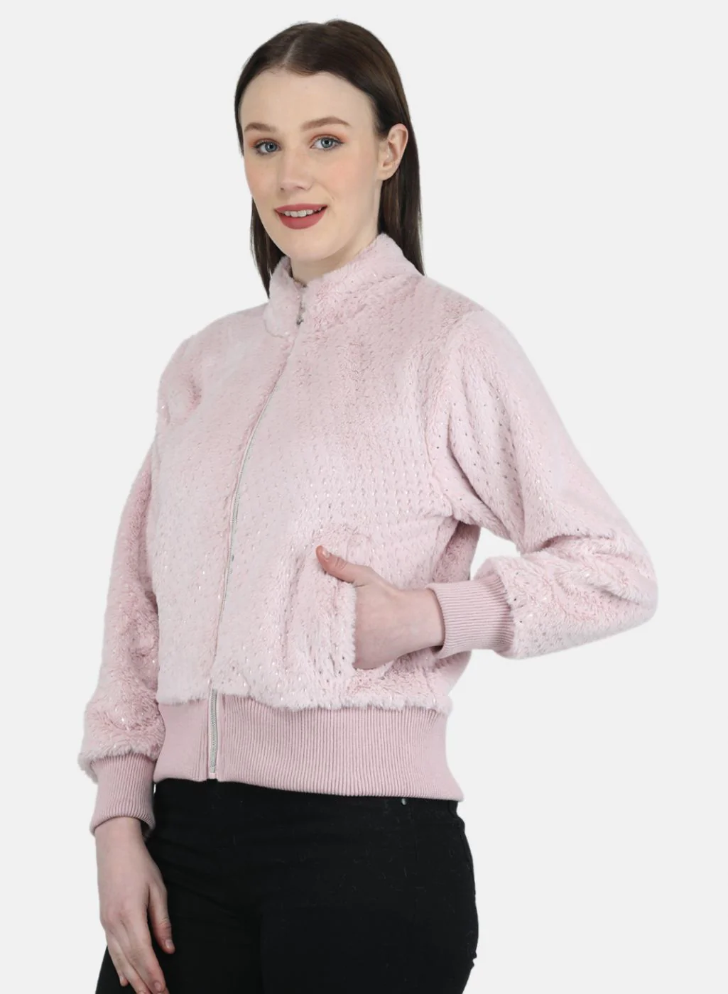 Women Pink Self Design Sweatshirt - Image 2